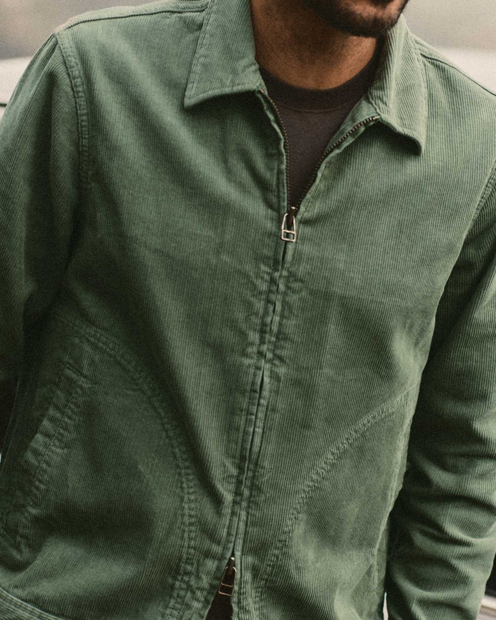 fit model showing off the zipper on The Piston Jacket in Ivy Corduroy, Outerwear by Taylor Stitch