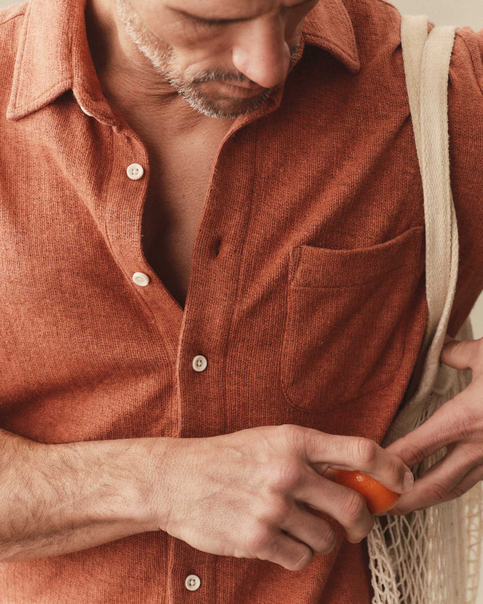fit model wearing The Short Sleeve California in Heather Driftwood Double Knit, Knits by Taylor Stitch