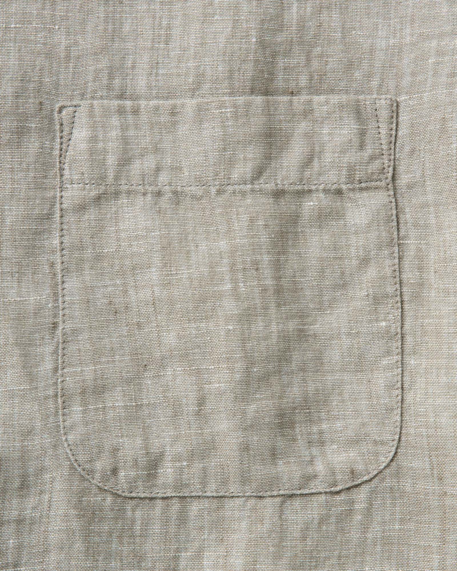 material shot of the pocket on The Short Sleeve Jack in Sage Linen, Wovens by Taylor Stitch