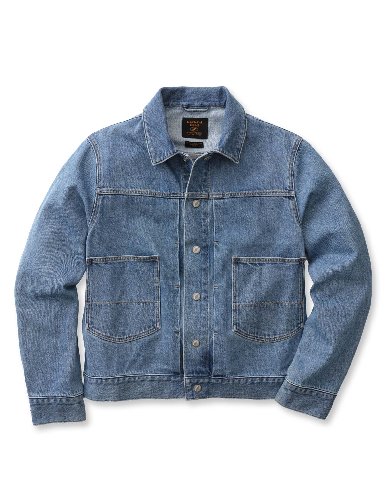 flatlay of The Haight Jacket in Light Wash Hemp Denim, Outerwear by Taylor Stitch