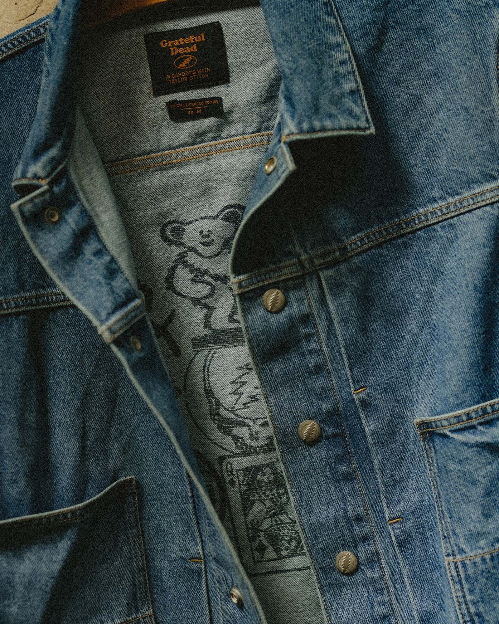 editorial image of the inside of The Haight Jacket in Light Wash Hemp Denim, Outerwear by Taylor Stitch