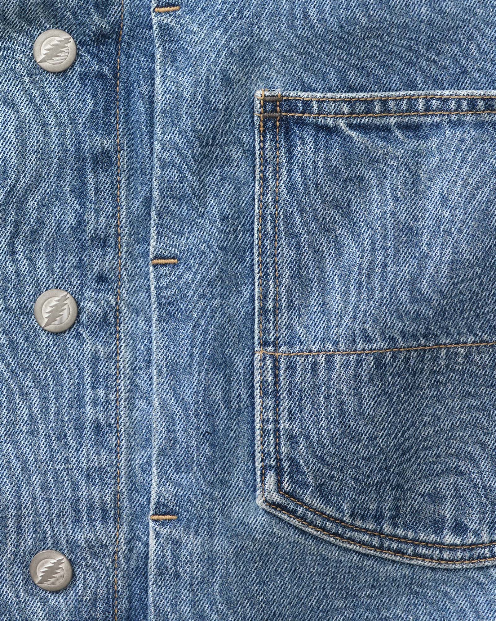 material shot of the pocket on The Haight Jacket in Light Wash Hemp Denim, Outerwear by Taylor Stitch