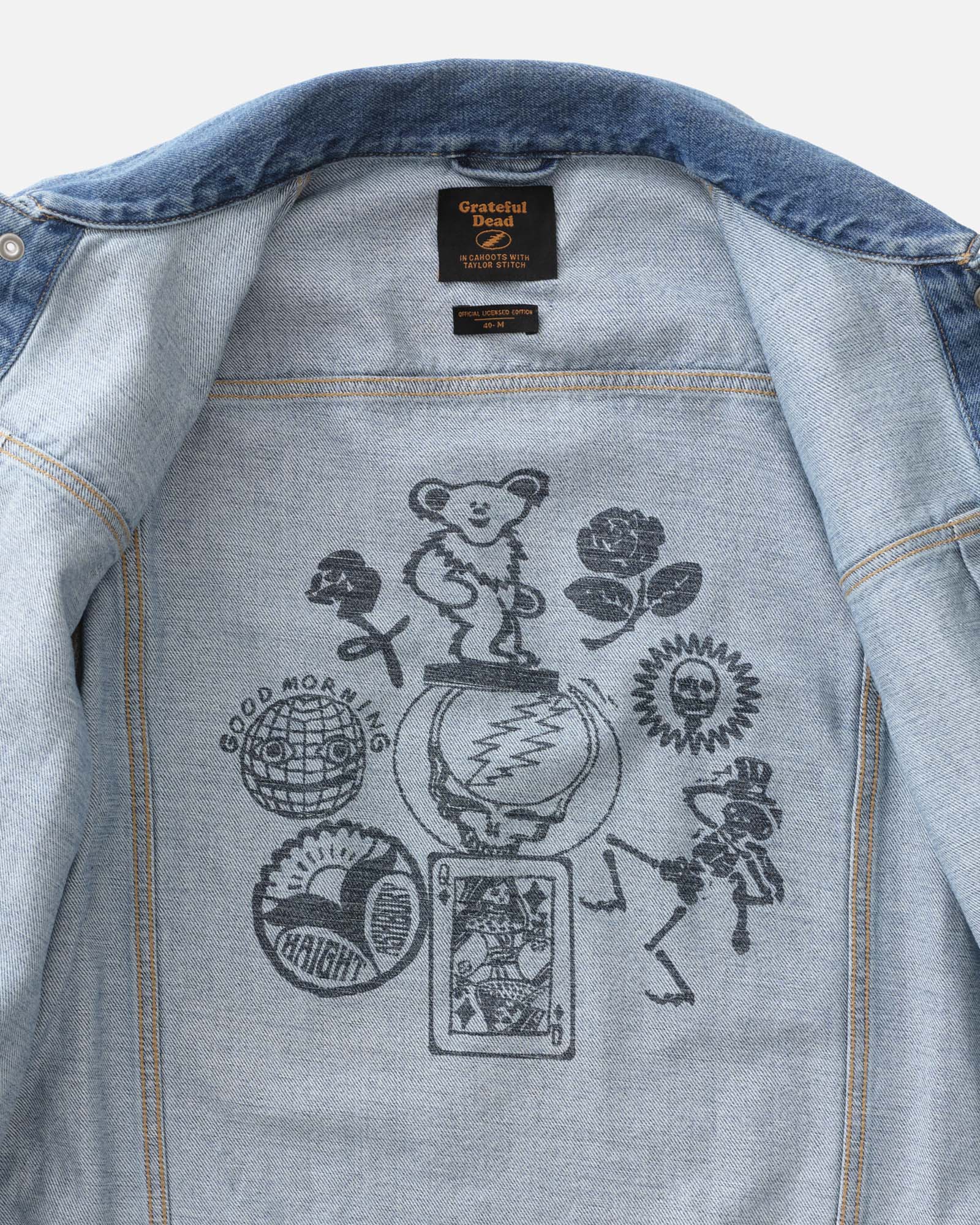 editorial image of the inside of The Haight Jacket in Light Wash Hemp Denim, Outerwear by Taylor Stitch