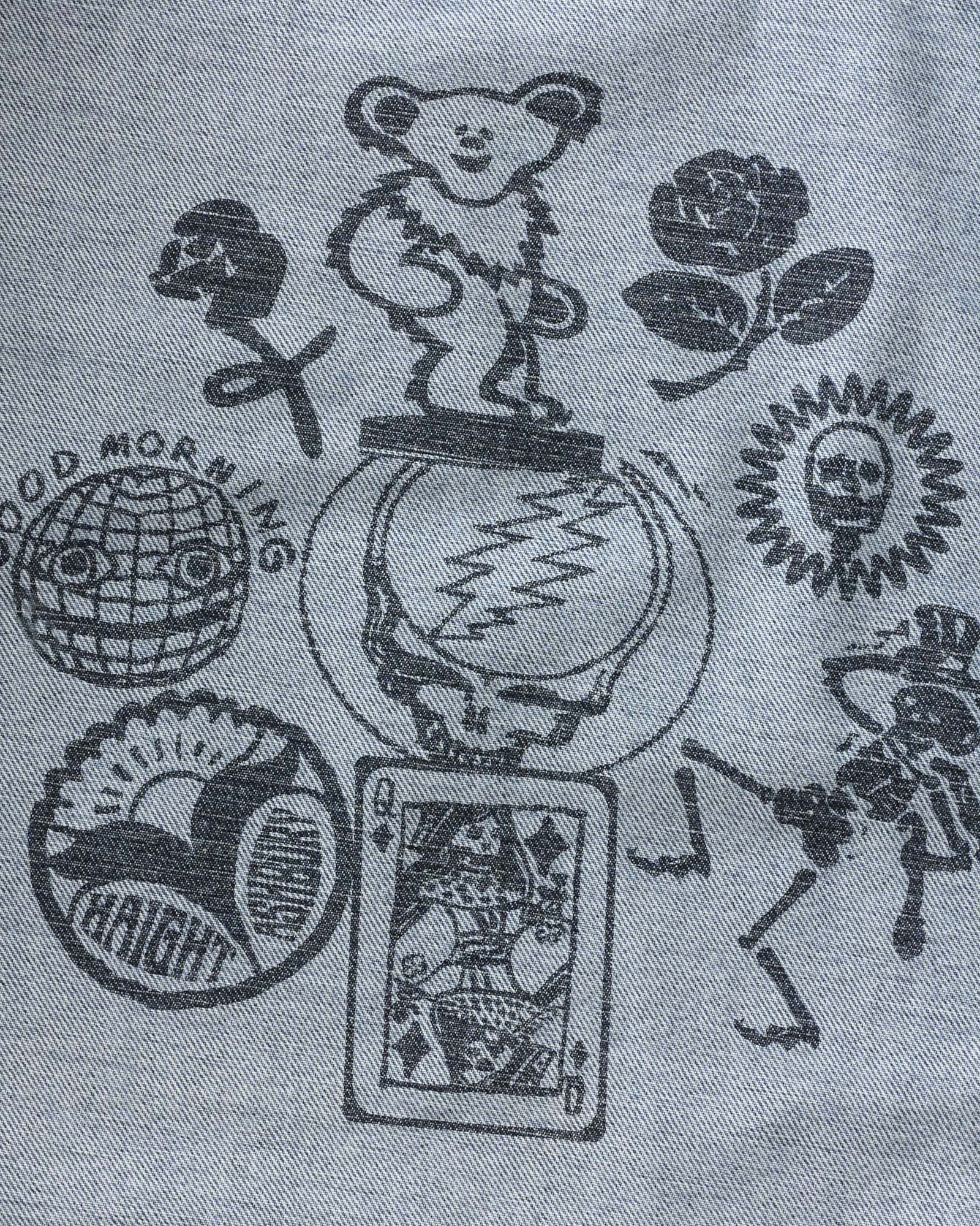material shot of the inside graphic on The Haight Jacket in Light Wash Hemp Denim, Outerwear by Taylor Stitch