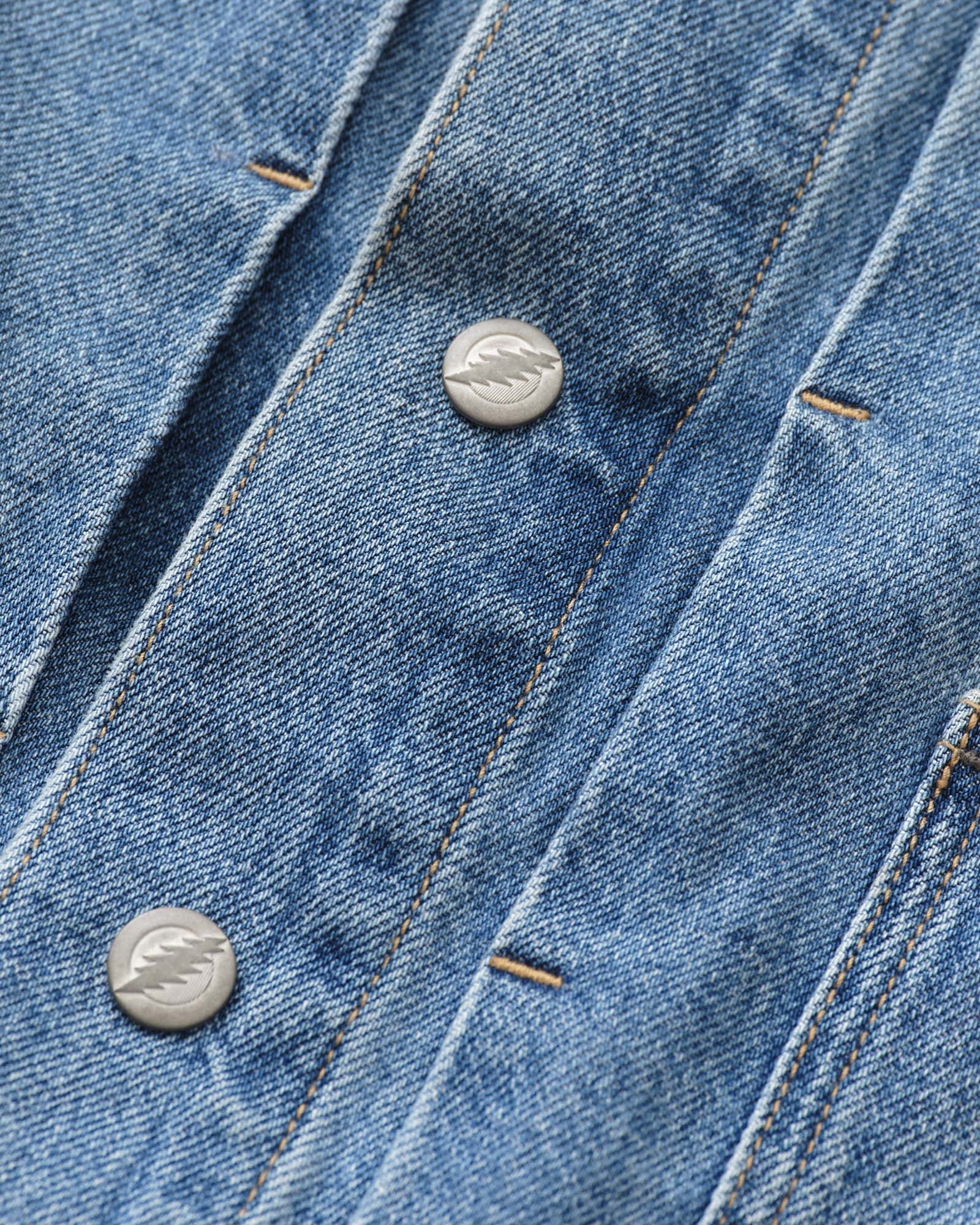 editorial image of the buttons on The Haight Jacket in Light Wash Hemp Denim, Outerwear by Taylor Stitch