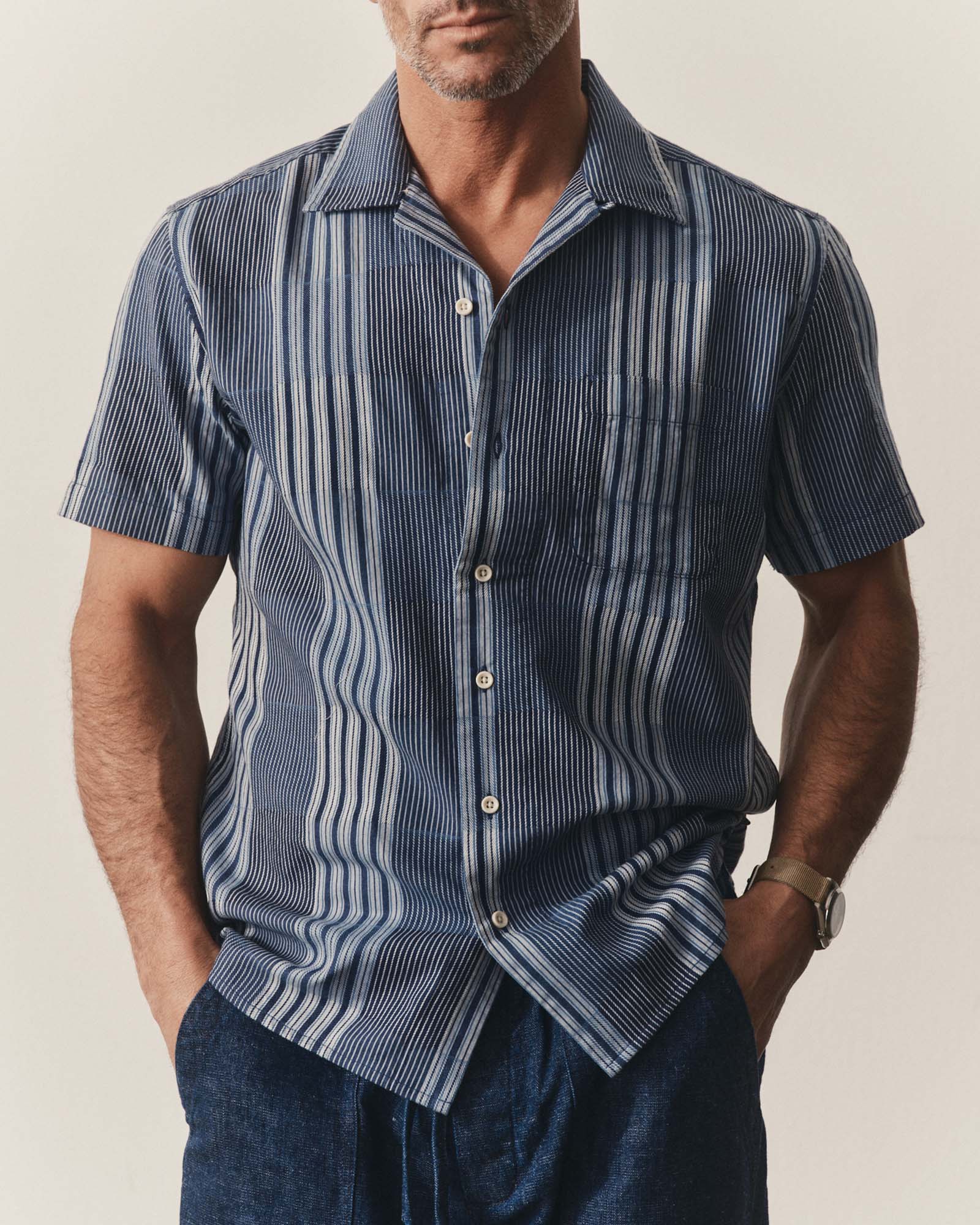 fit model showing off The Hawthorne Shirt in Indigo Patchwork, Wovens by Taylor Stitch