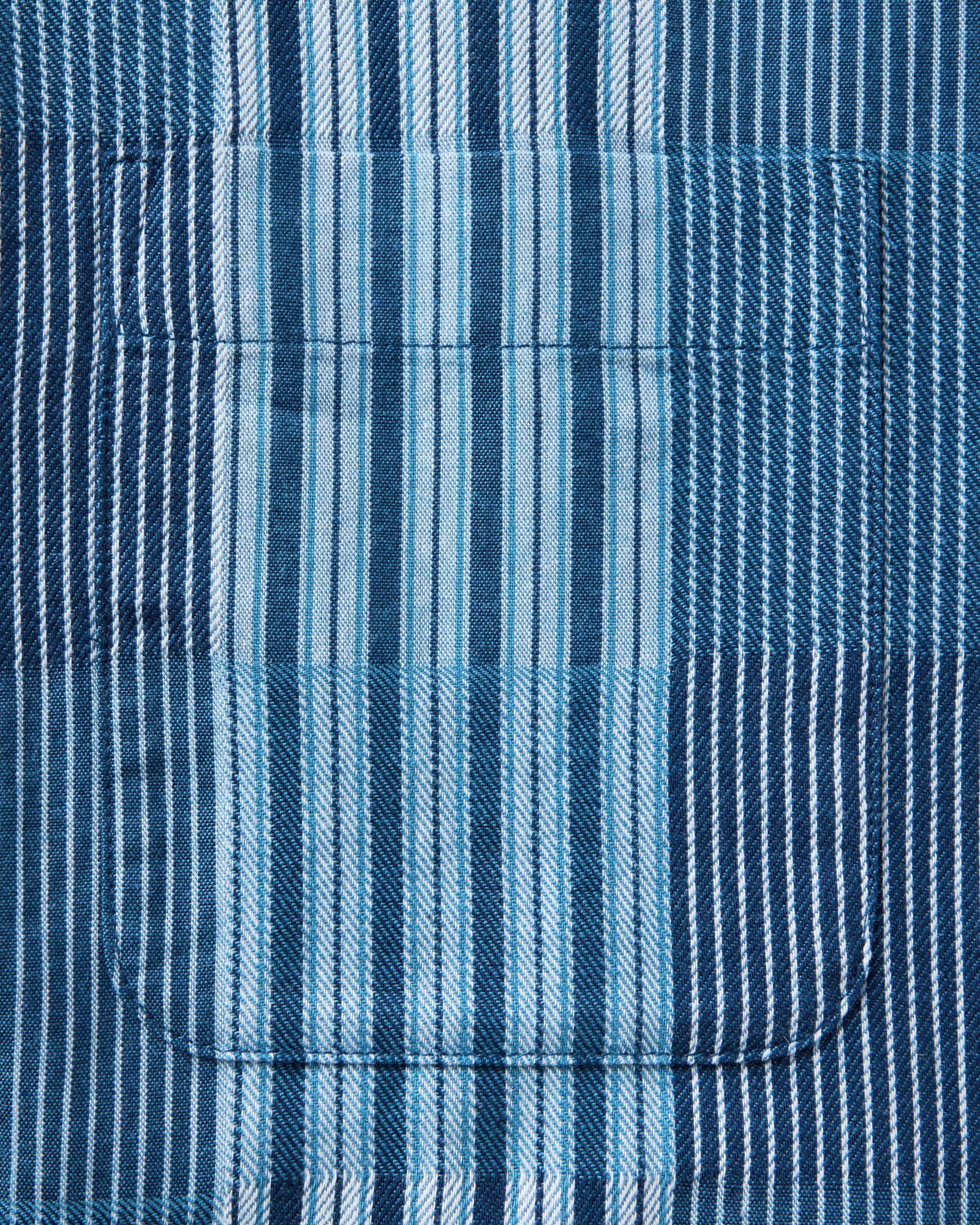 material shot of the pocket on The Hawthorne Shirt in Indigo Patchwork, Wovens by Taylor Stitch