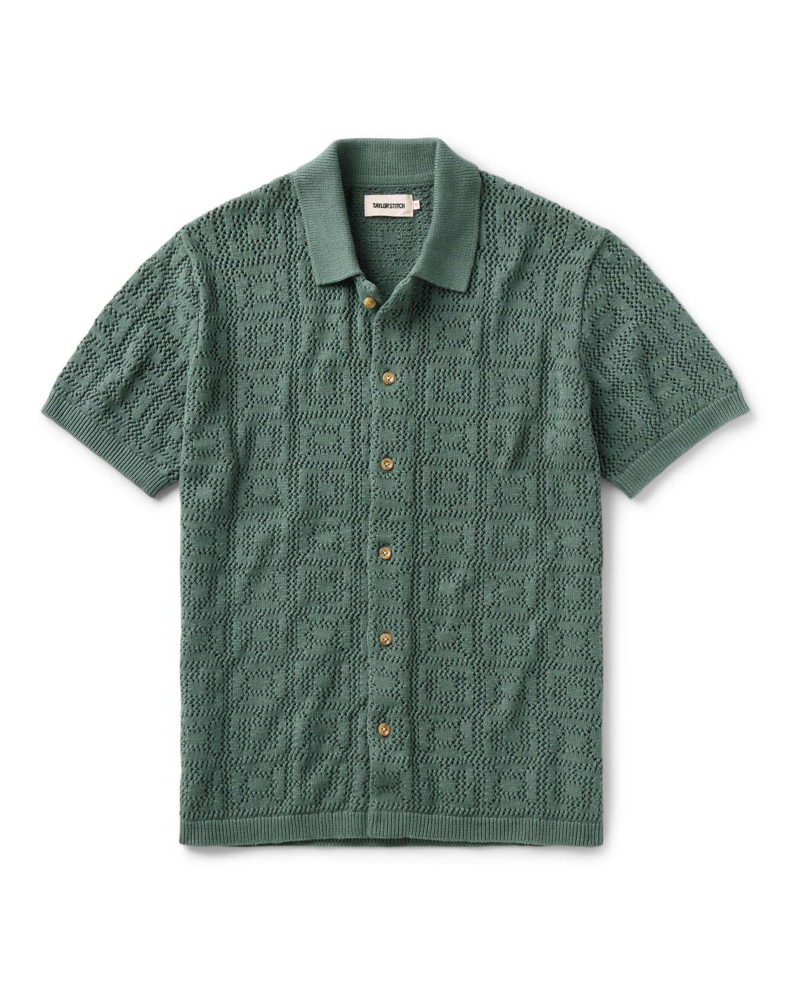 flatlay of The Monterey Sweater Polo in Deep Sea Geo Crochet, Knits by Taylor Stitch