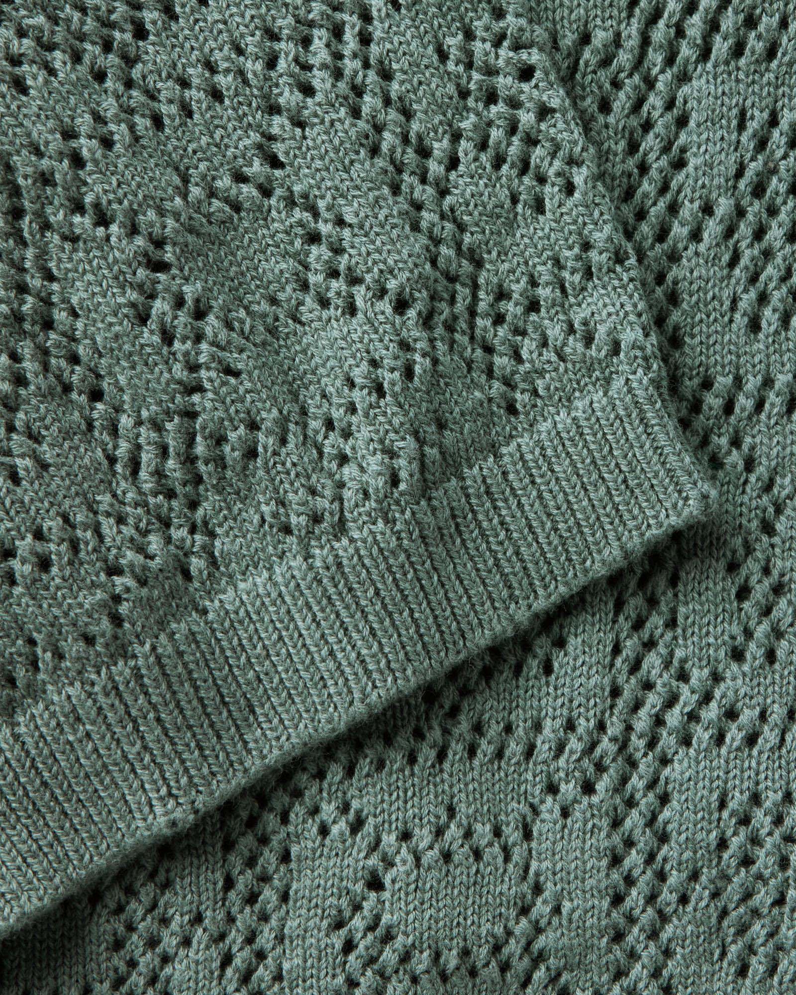 material shot of the sleeve on The Monterey Sweater Polo in Deep Sea Geo Crochet, Knits by Taylor Stitch
