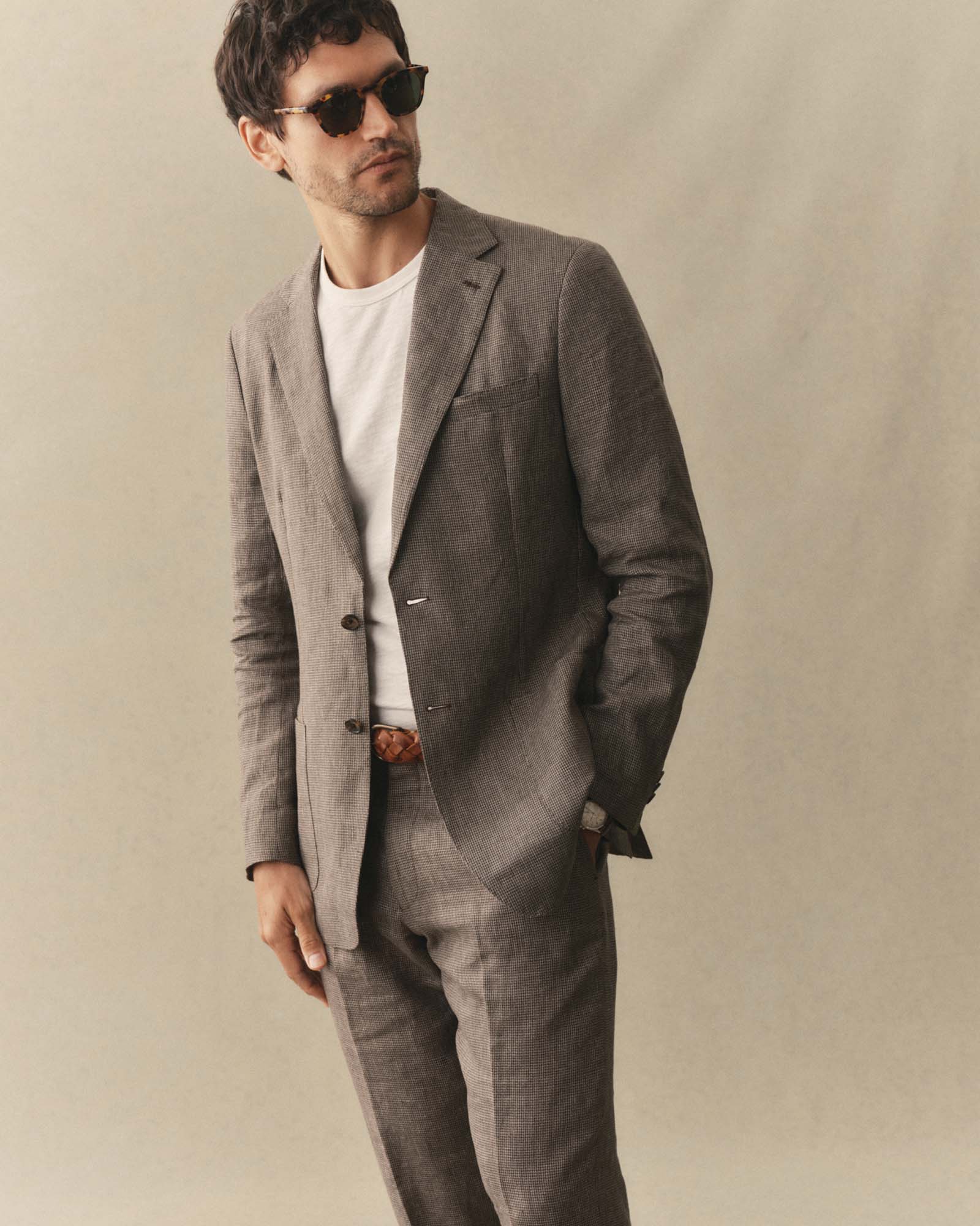 fit model showing off The Stevens Sportcoat in Morel Micro Check, Outerwear by Taylor Stitch