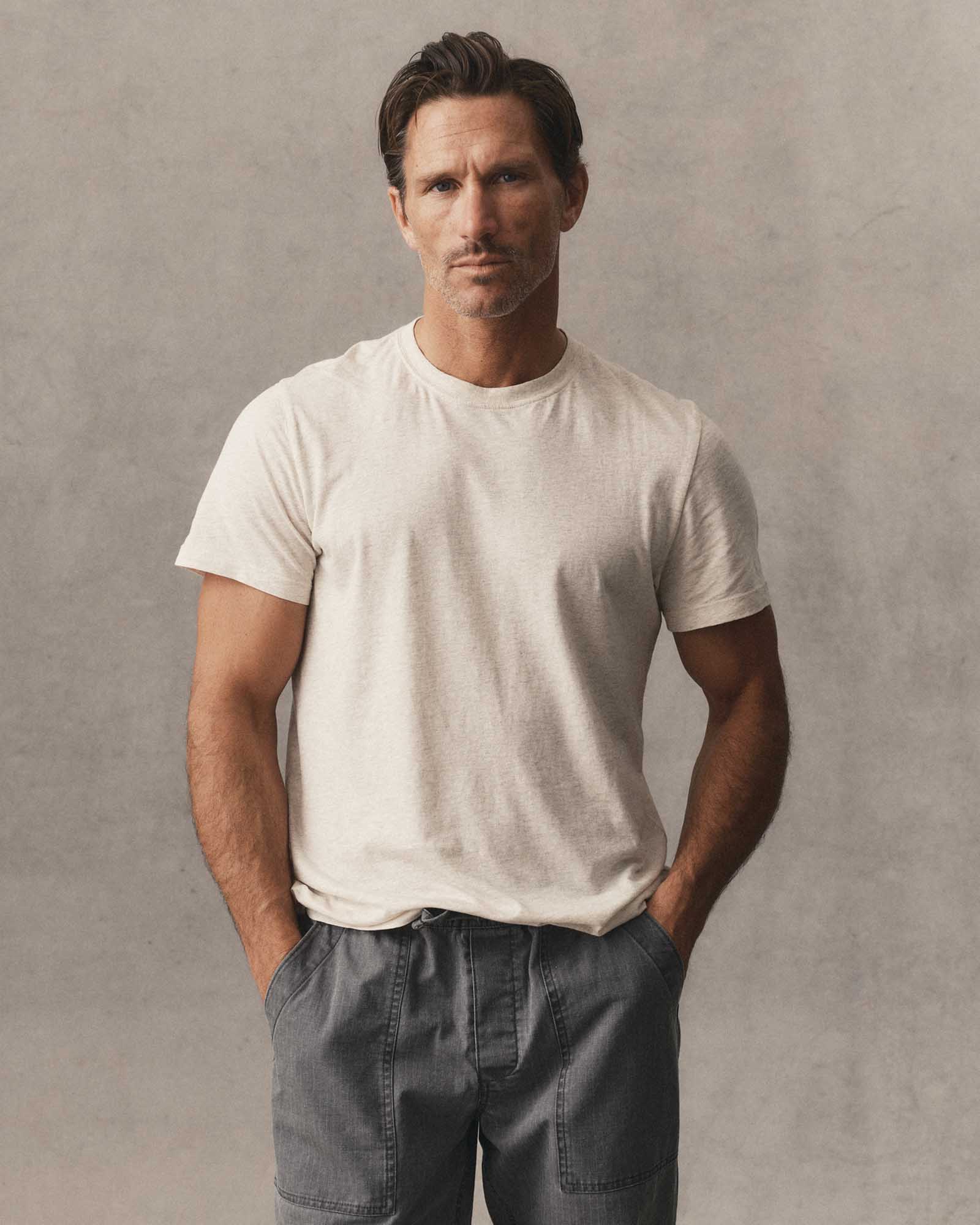 editorial image of The Cotton Hemp Tee in Heather Oat hanging, Knits by Taylor Stitch
