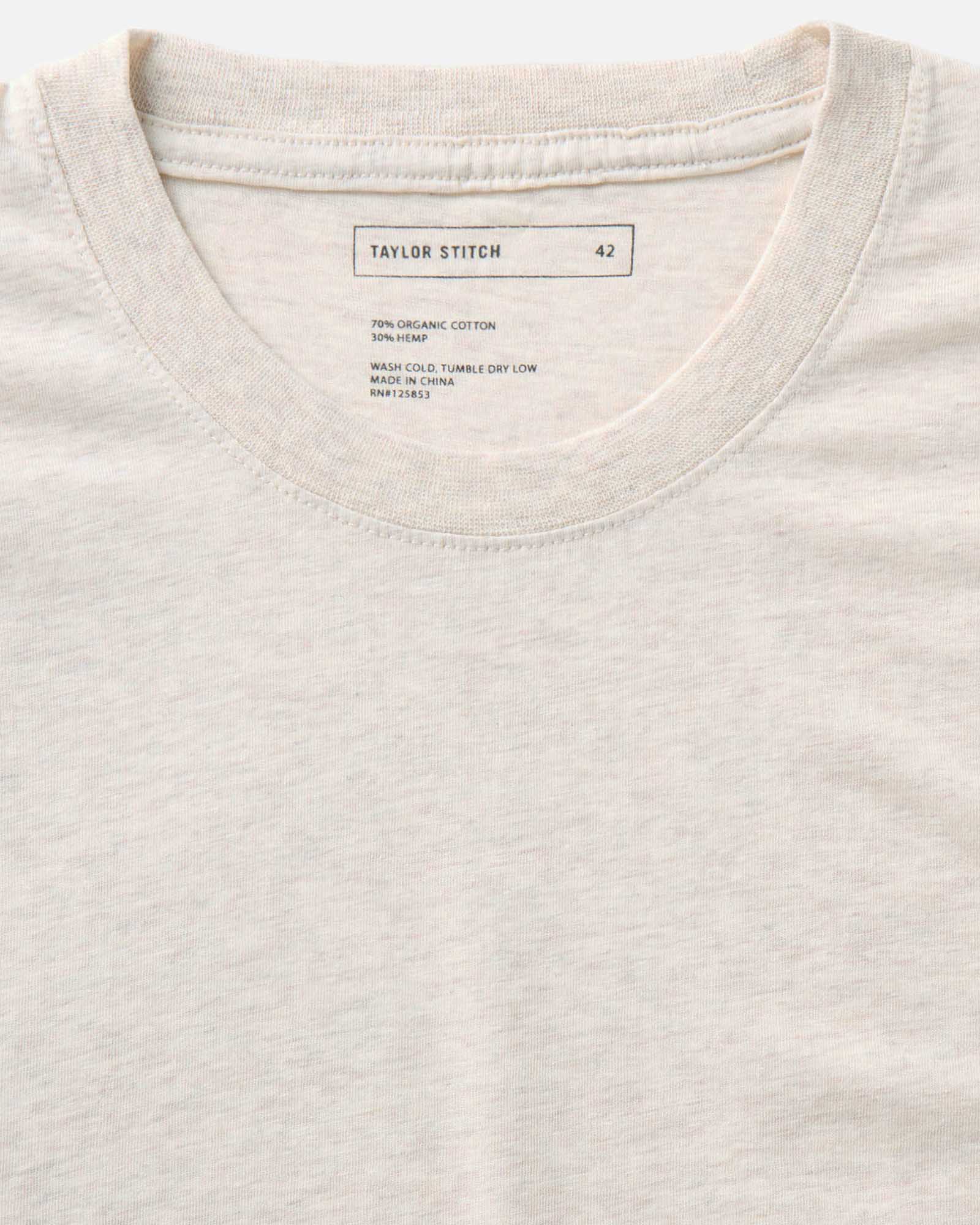 material shot of the collar on The Cotton Hemp Tee in Heather Oat, Knits by Taylor Stitch
