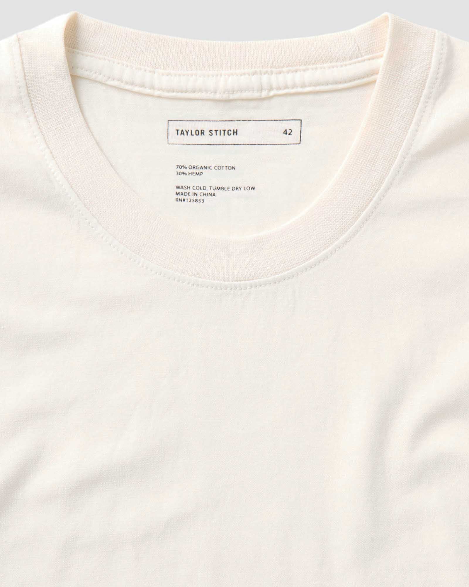material shot of the collar on The Cotton Hemp Tee in Vintage White, Knits by Taylor Stitch