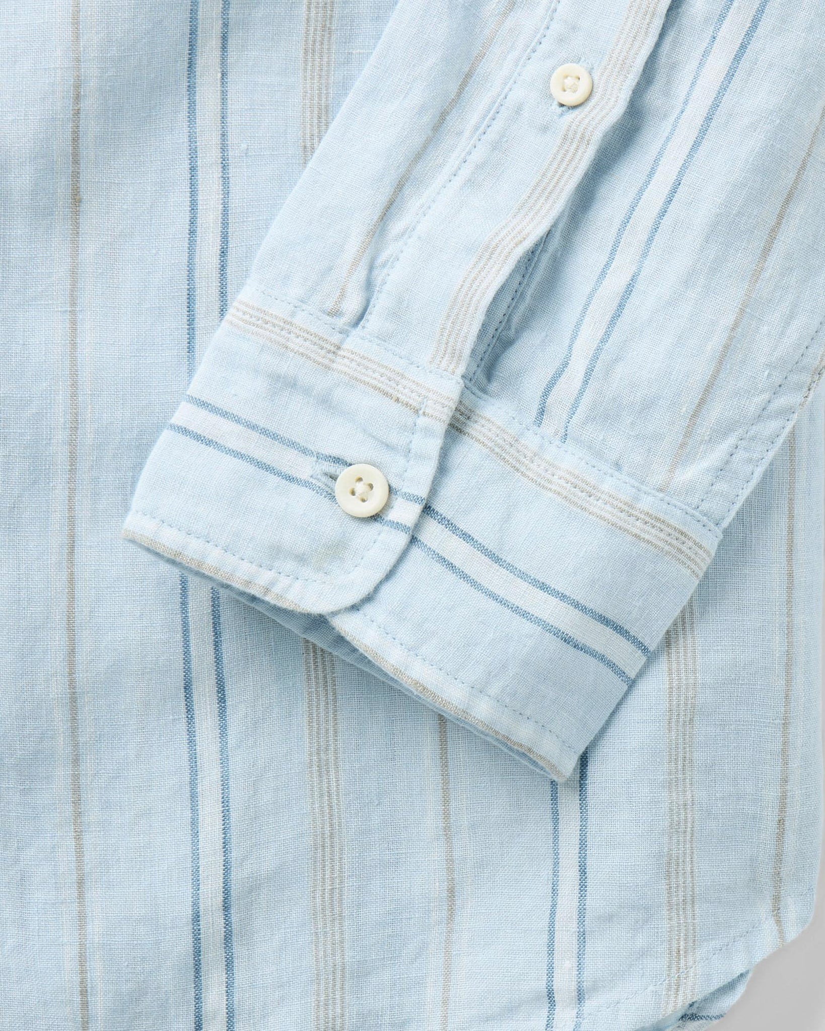 material shot of the pocket on The Jack in Blue Sky Stripe Linen, Wovens by Taylor Stitch