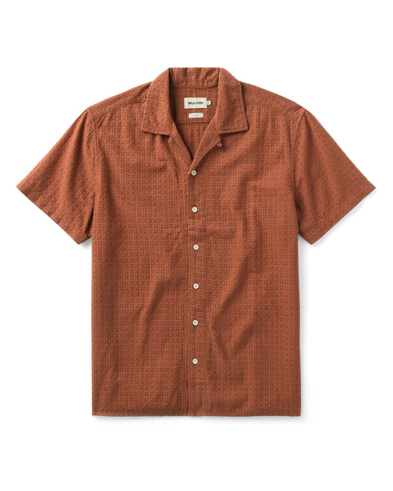 flatlay of The Davis Shirt in Driftwood Eyelet, Wovens by Taylor Stitch