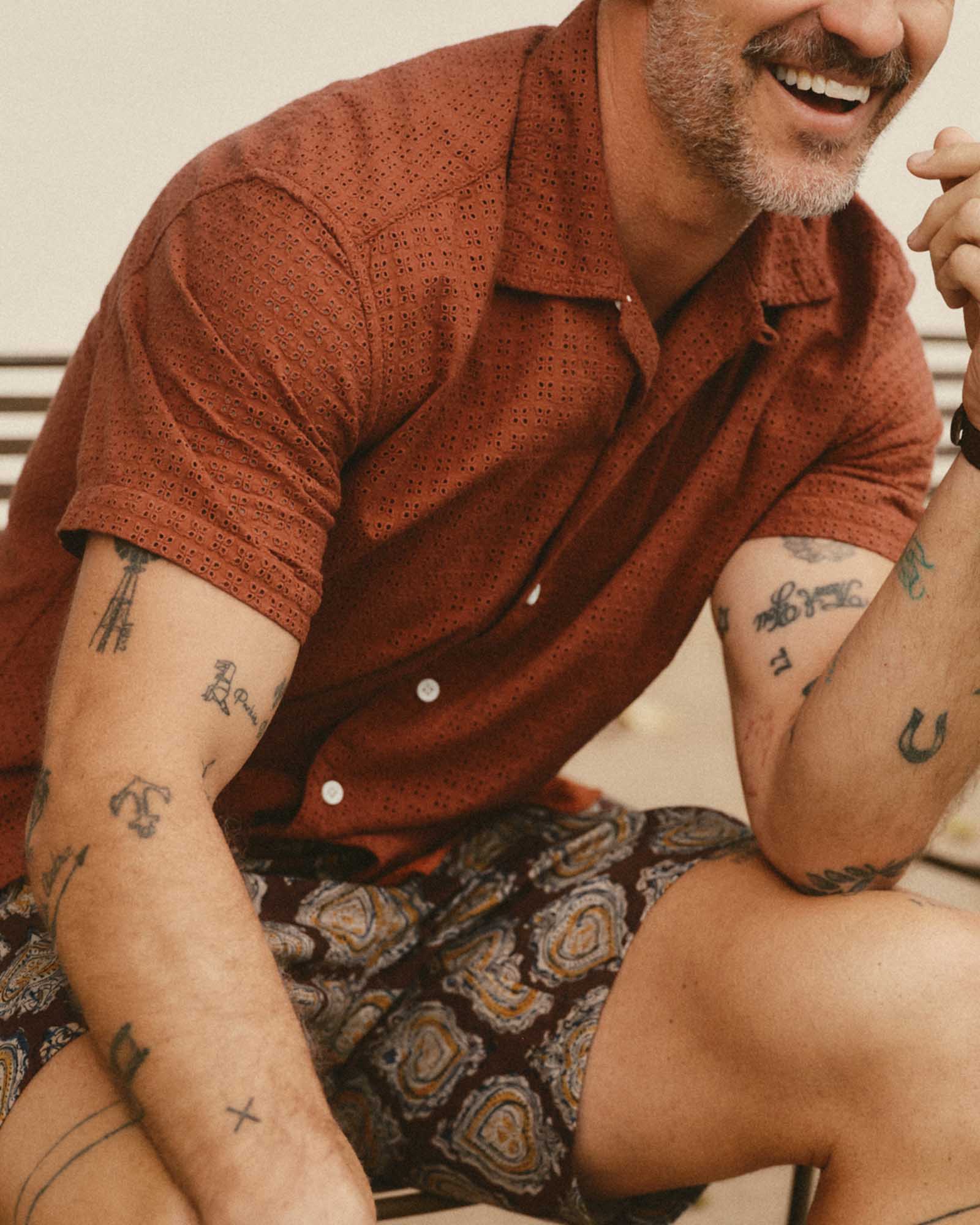 fit model posing in The Davis Shirt in Driftwood Eyelet, Wovens by Taylor Stitch