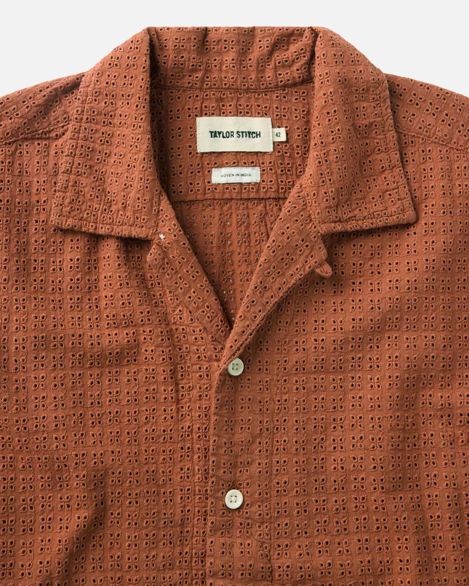 material shot of the collar on The Davis Shirt in Driftwood Eyelet, Wovens by Taylor Stitch