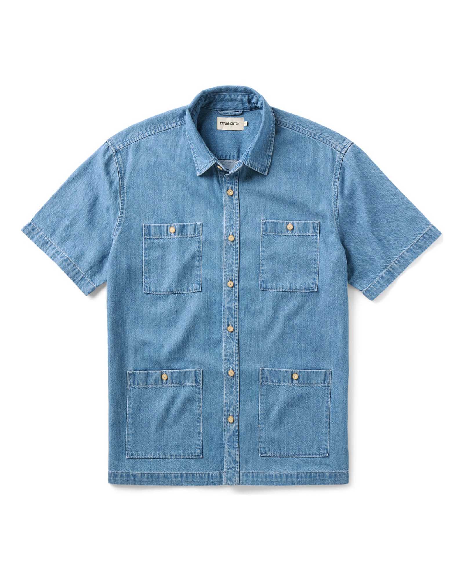 flatlay of The Gulf Shirt in Washed Indigo Twill, Wovens by Taylor Stitch