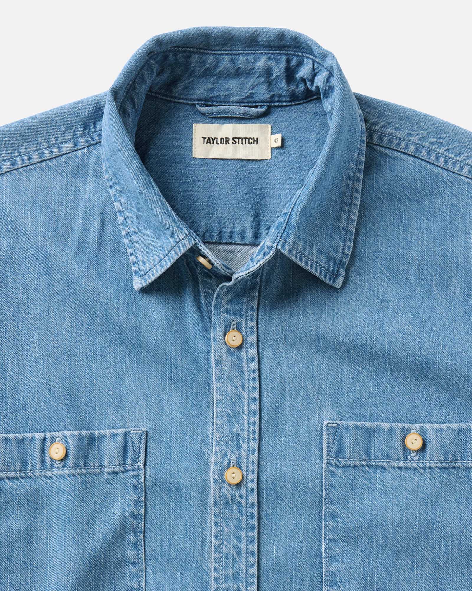 material shot of the collar on The Gulf Shirt in Washed Indigo Twill, Wovens by Taylor Stitch
