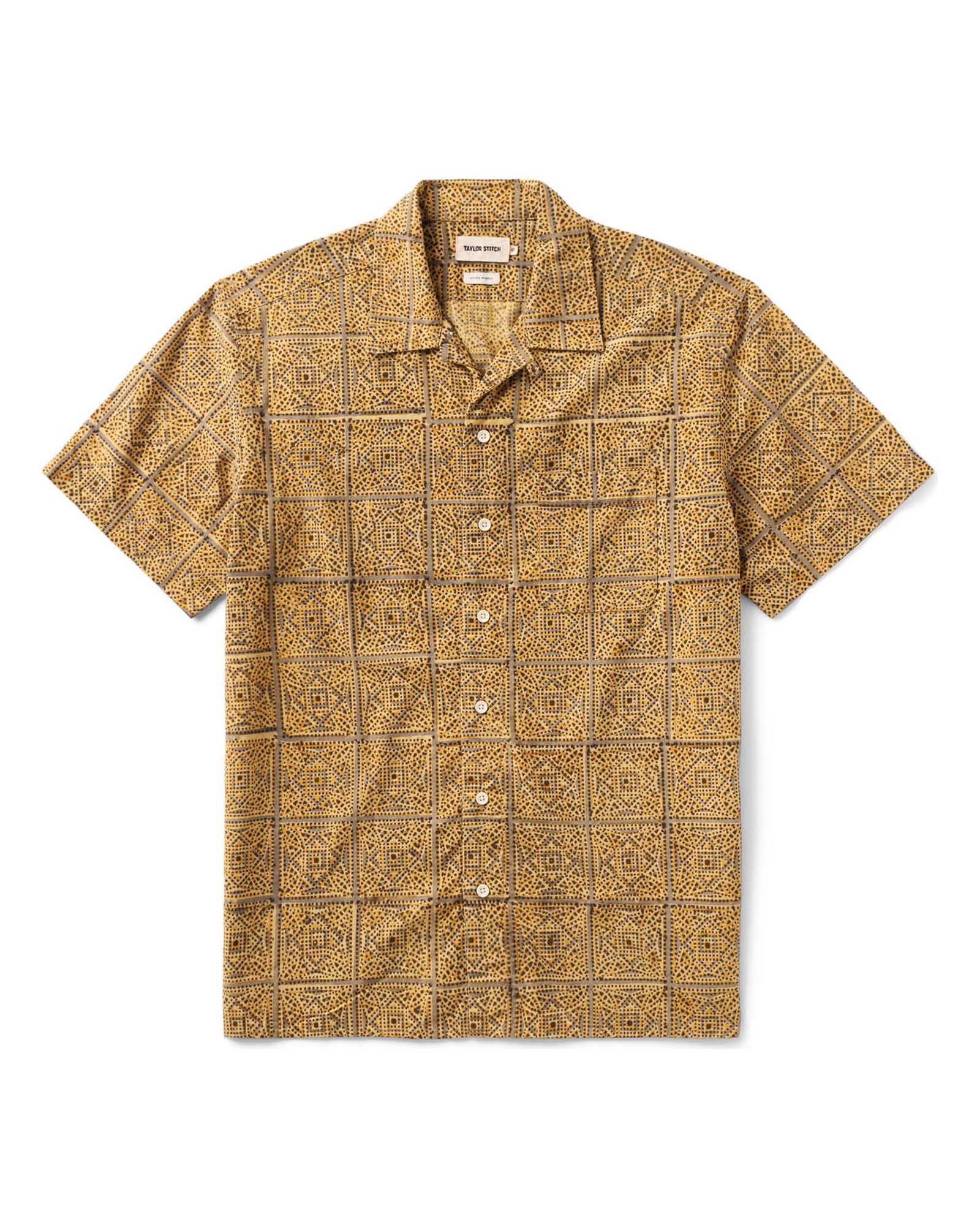 flatlay of The Hawthorne Shirt in Fennel Block Print, Wovens by Taylor Stitch