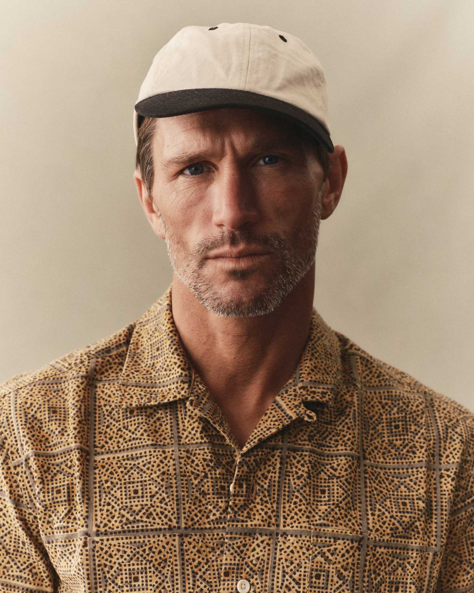 fit model posing in The Hawthorne Shirt in Fennel Block Print, Wovens by Taylor Stitch