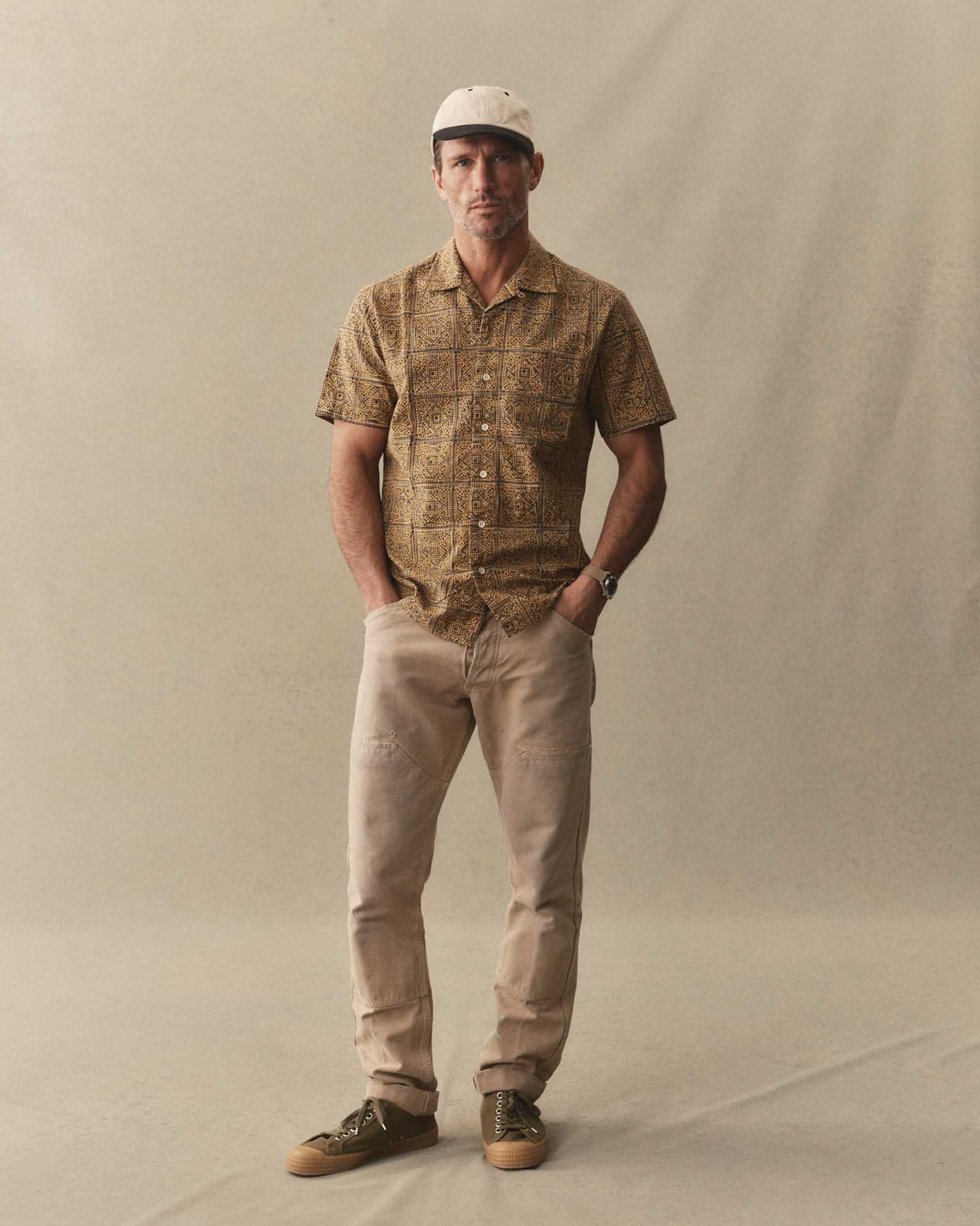 fit model showing off The Hawthorne Shirt in Fennel Block Print, Wovens by Taylor Stitch