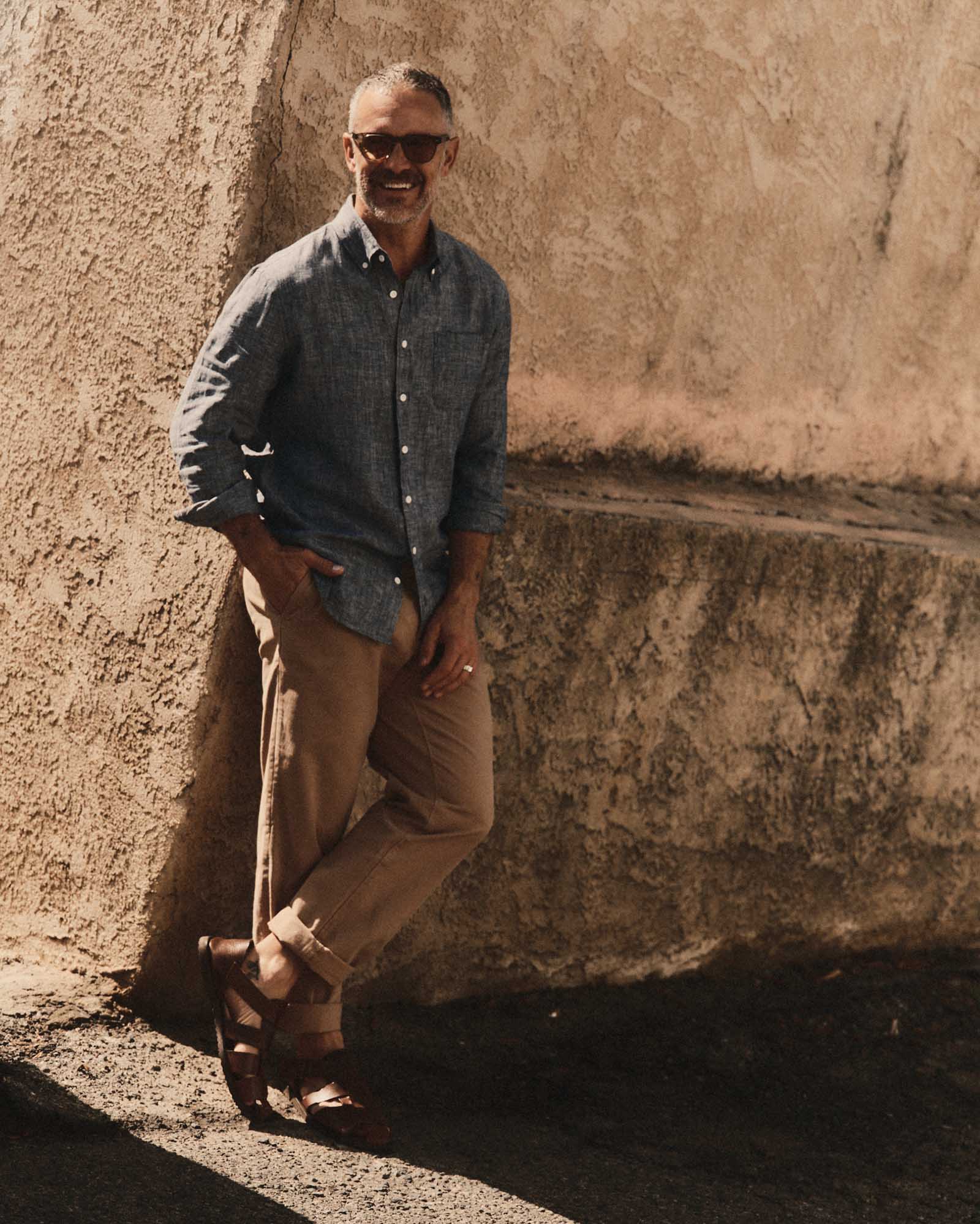fit model posing in The Jack in Ocean Linen, Wovens by Taylor Stitch