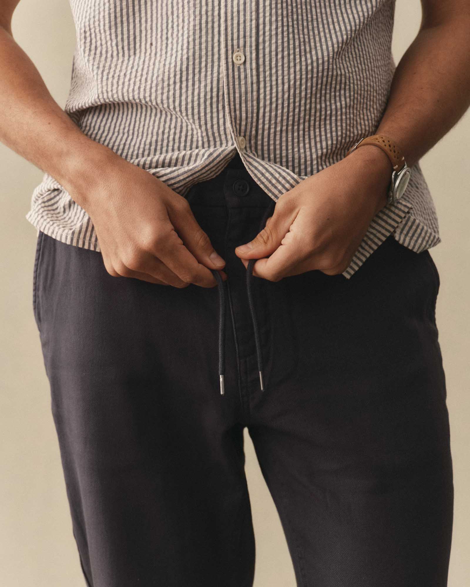 fit model showing off The Roamer Pant in Navy Broken Twill, Bottoms by Taylor Stitch