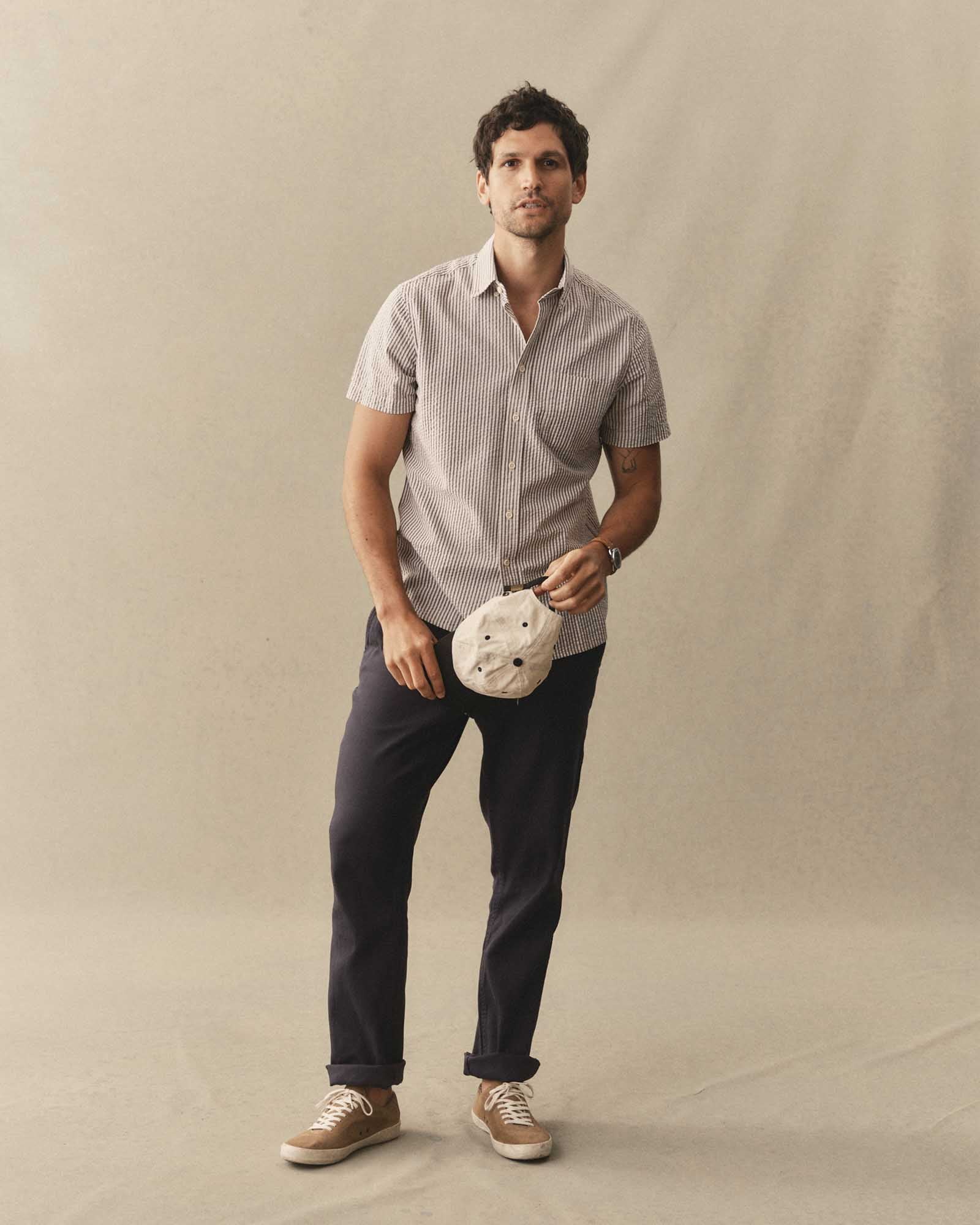 fit model wearing The Roamer Pant in Navy Broken Twill, Bottoms by Taylor Stitch
