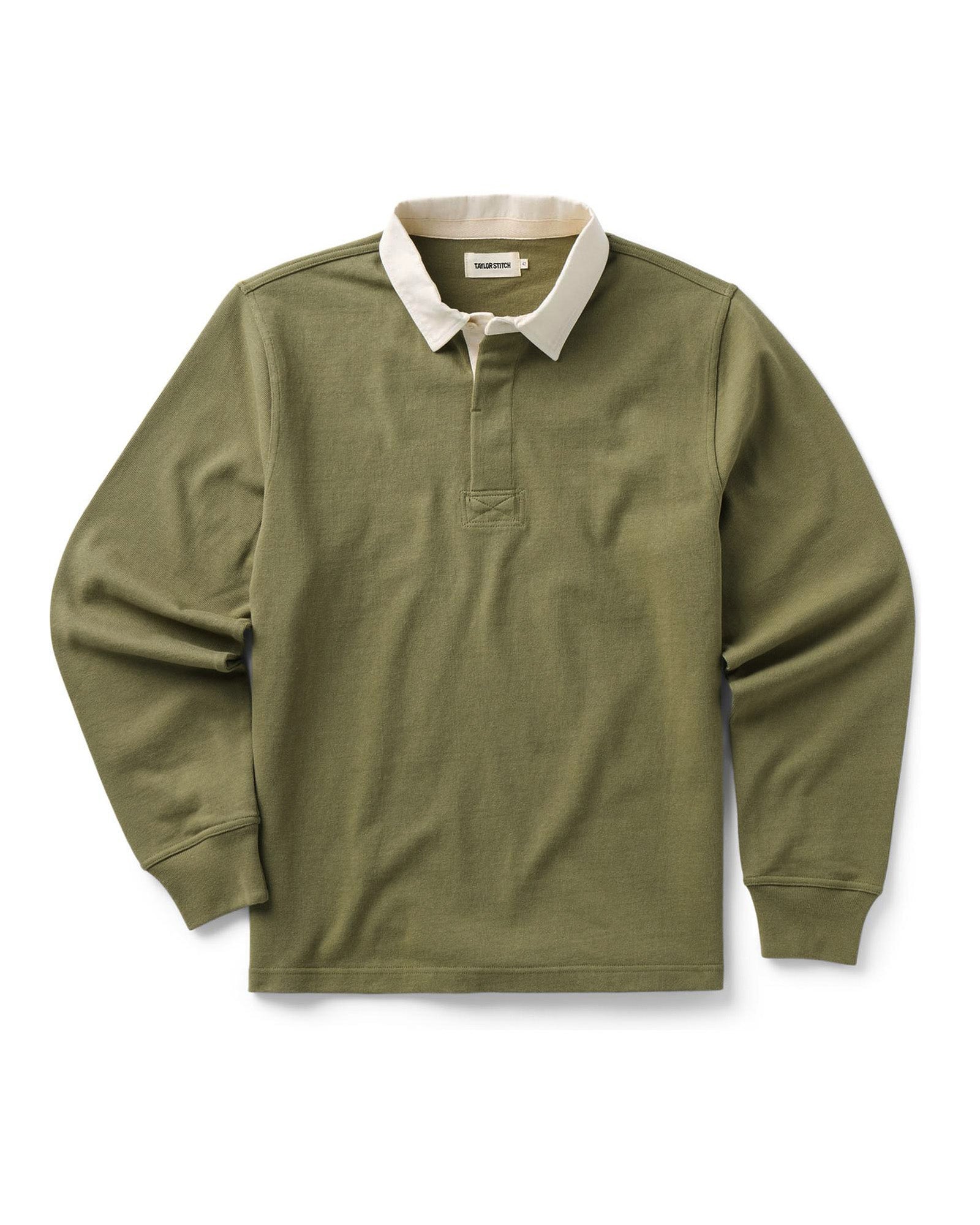 flatlay of The Rugby Shirt in Burnt Olive, Knits by Taylor Stitch