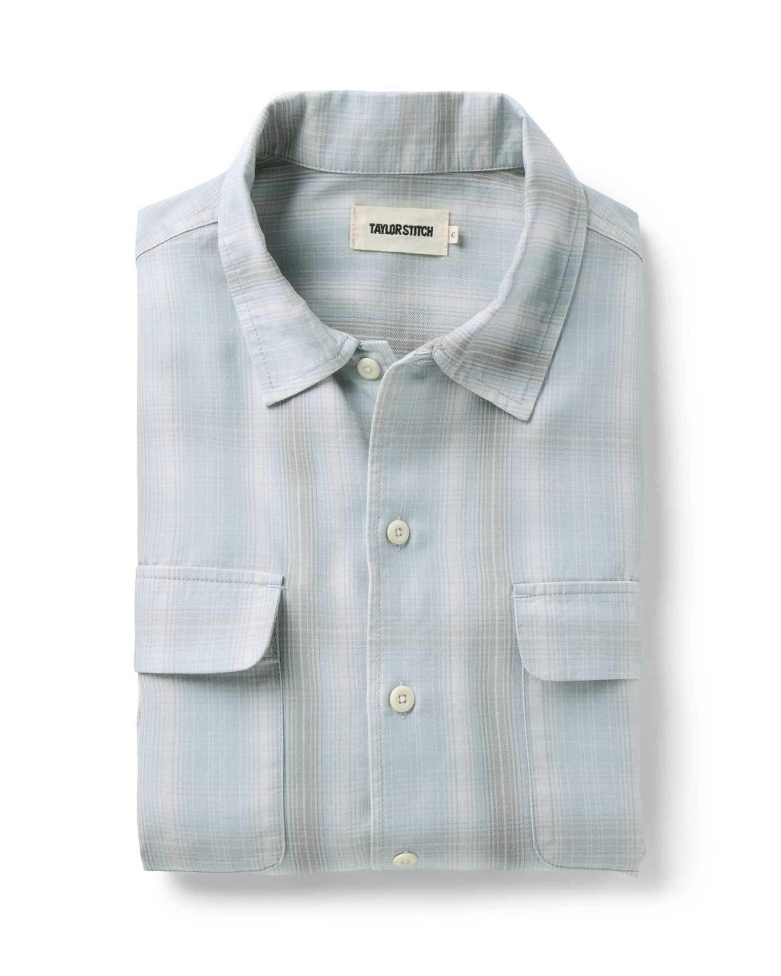 folded flatlay of The Shore Shirt in Fog Check Tencel, Wovens by Taylor Stitch