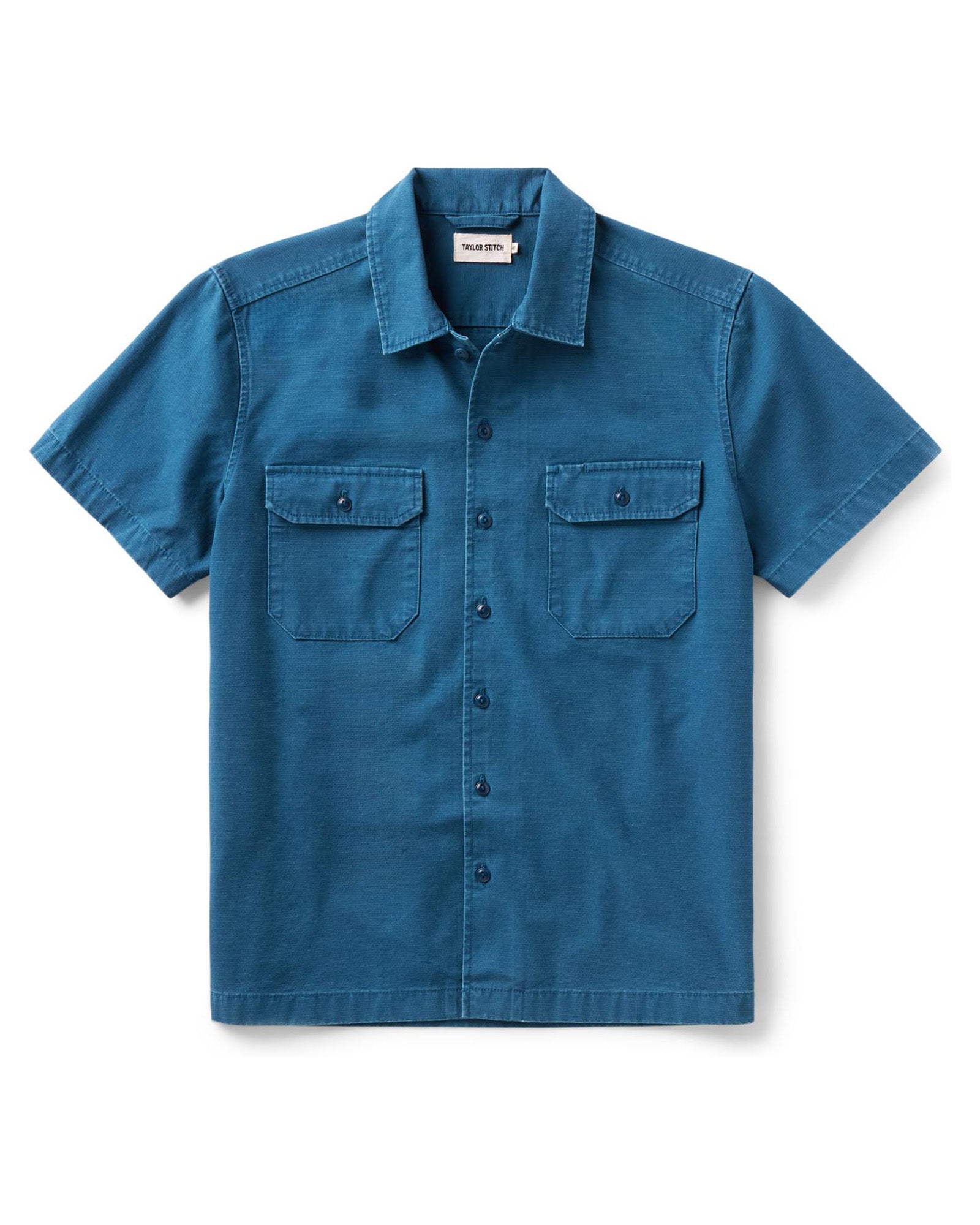 flatlay of The Short Sleeve Mechanic Shirt in Atlantic Ripstop, Wovens by Taylor Stitch