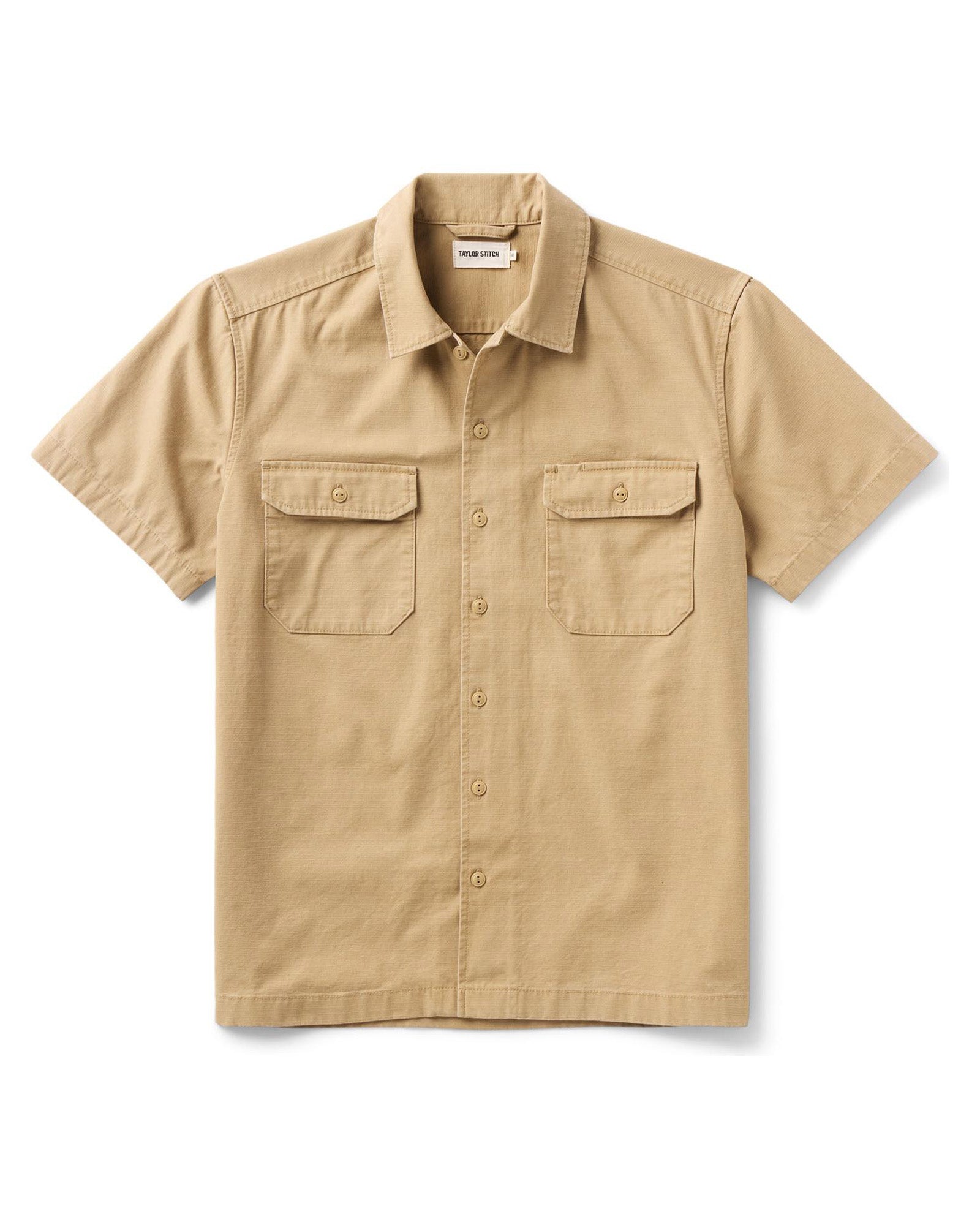 flatlay of The Short Sleeve Mechanic Shirt in Khaki Ripstop, Wovens by Taylor Stitch