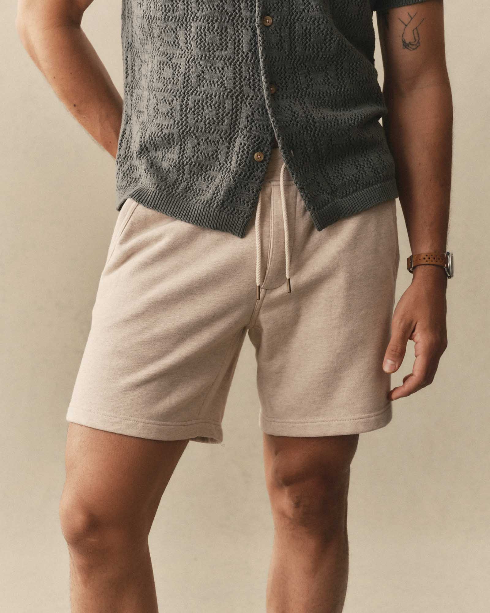 fit model showing off The Sunset Short in Heather Oat Terry, Bottoms by Taylor Stitch