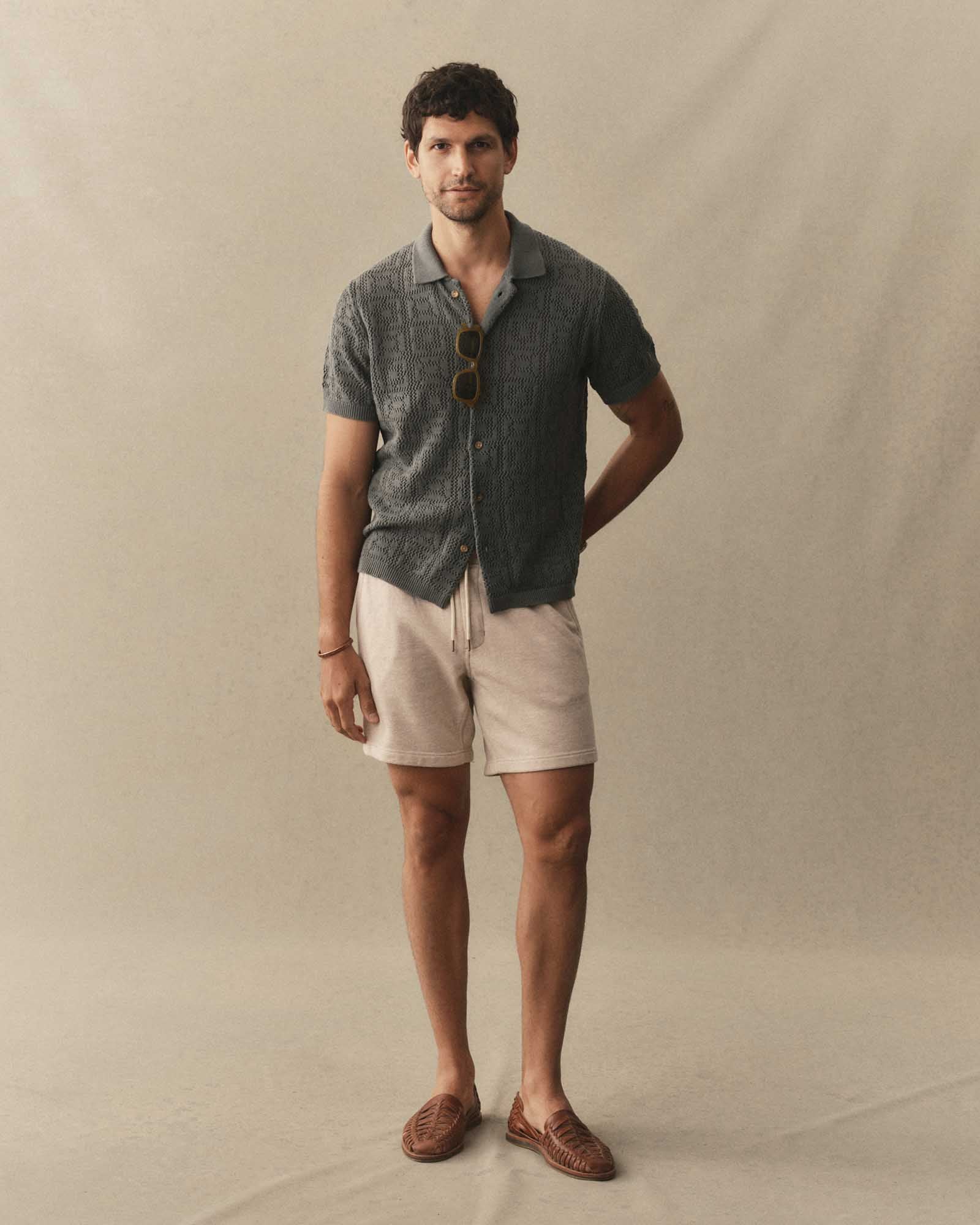 fit model posing in The Sunset Short in Heather Oat Terry, Bottoms by Taylor Stitch