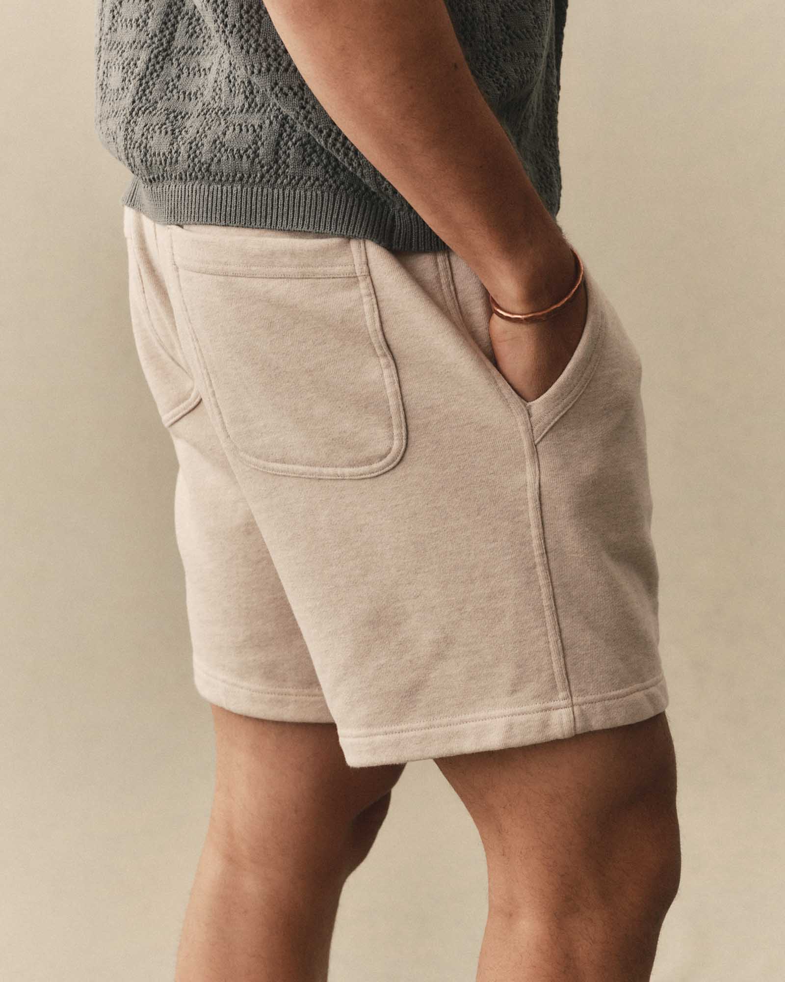 fit model showing off the back of The Sunset Short in Heather Oat Terry, Bottoms by Taylor Stitch