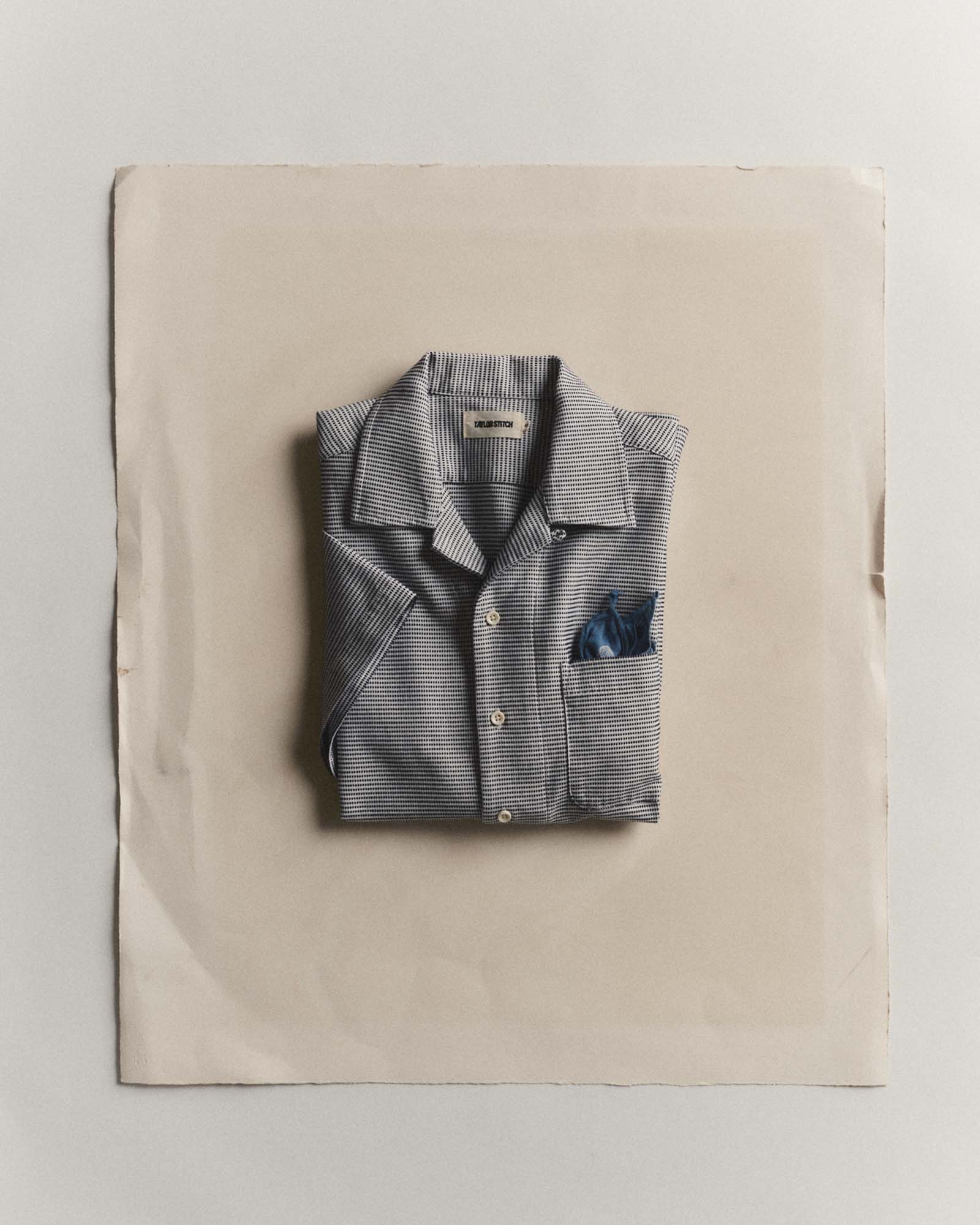 folded flatlay of The Hawthorne Shirt in Blue Pin Dot Dobby, Wovens by Taylor Stitch