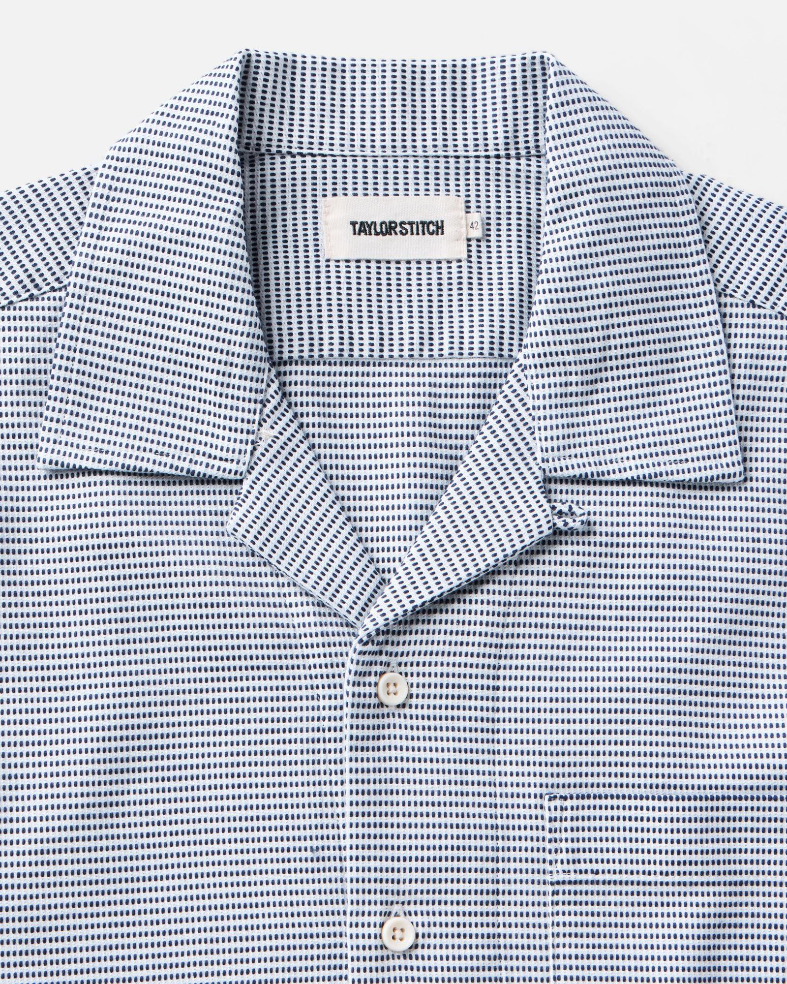 material shot of the collar on The Hawthorne Shirt in Blue Pin Dot Dobby, Wovens by Taylor Stitch