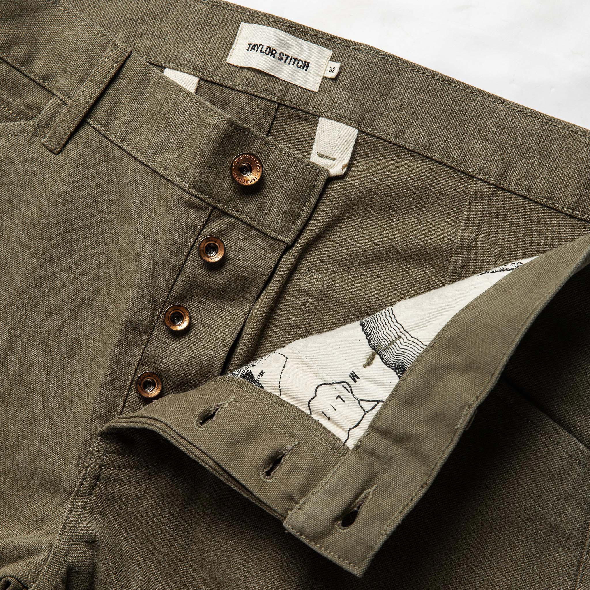 material shot of the button fly on The Chore Pant in Stone Boss Duck, Bottoms by Taylor Stitch