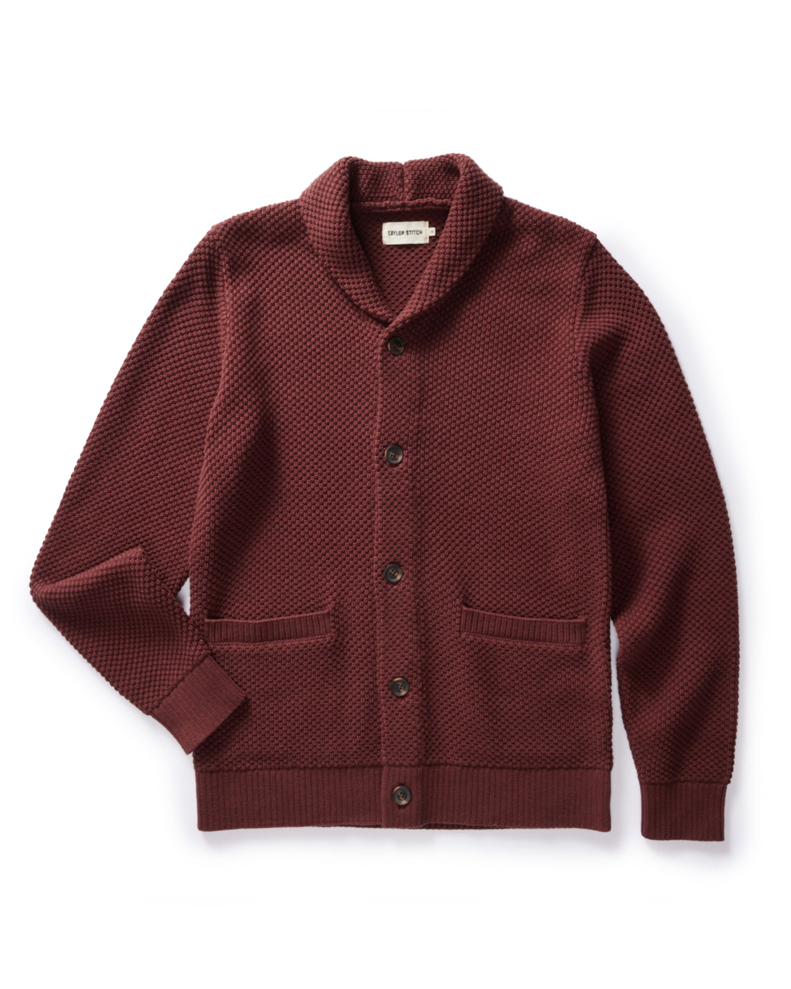 flatlay of The Crawford Cardigan Sweater in Black Cherry, Knits by Taylor Stitch