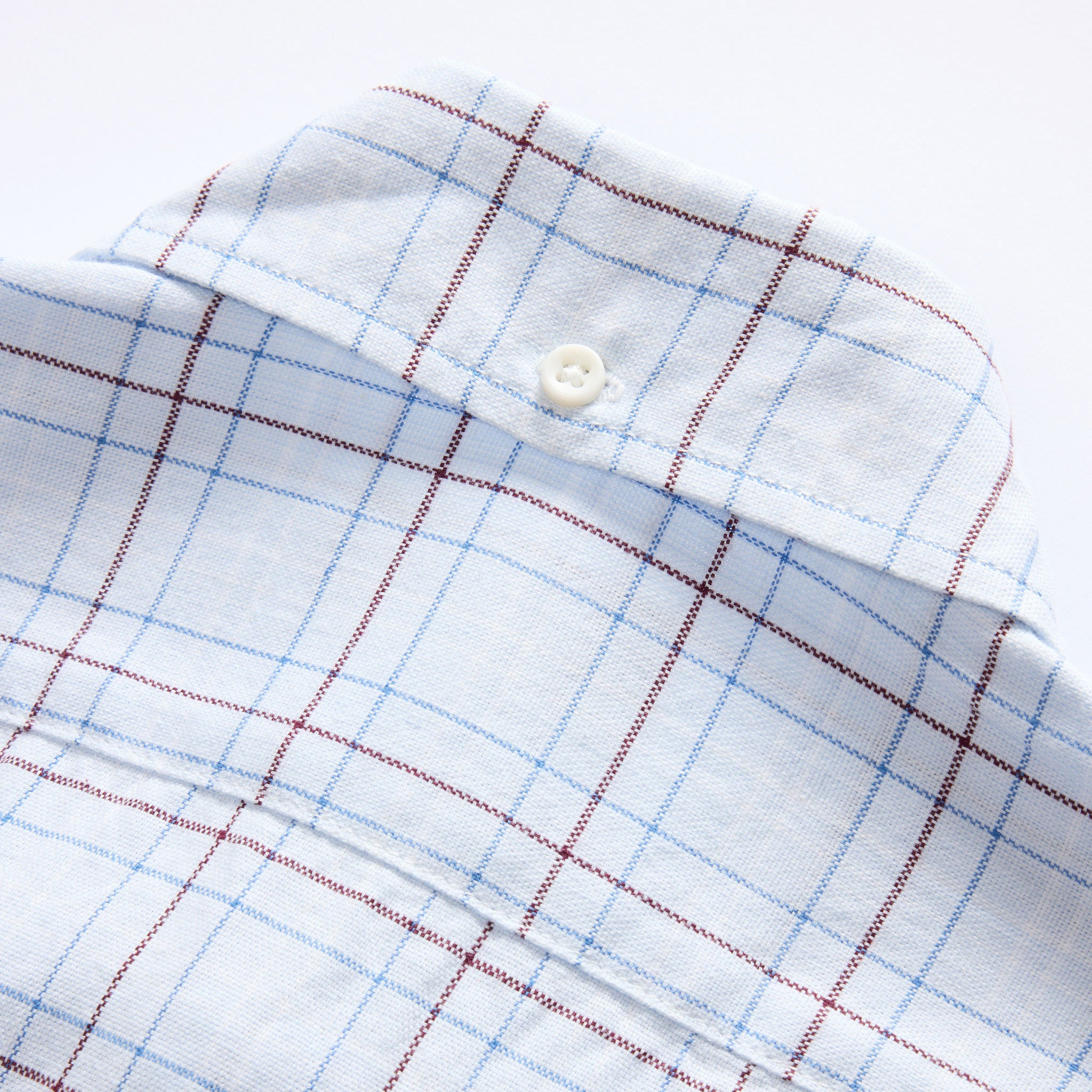 material shot of the back of the collar on The Jack in Blue Fade Plaid, Wovens by Taylor Stitch