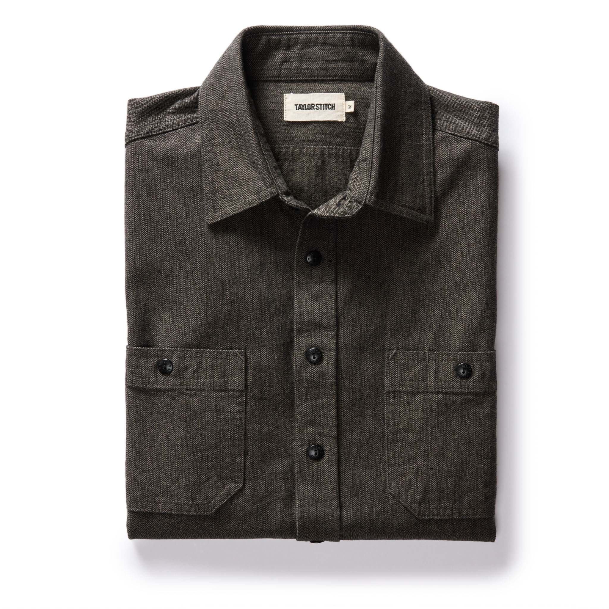 flatlay of The Utility Shirt in Olive Broken Herringbone, Wovens by Taylor Stitch