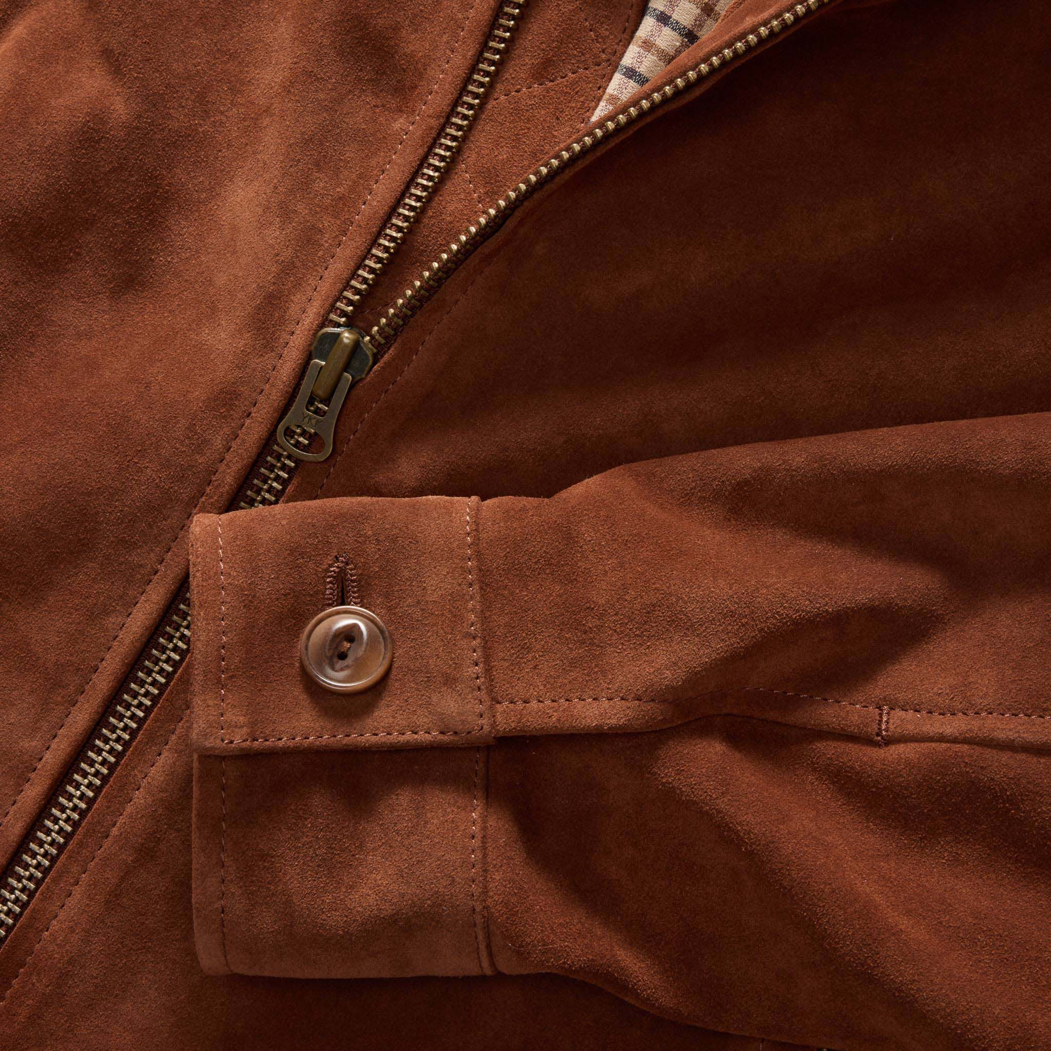 material shot of the sleeve on The Wyatt Jacket in Chocolate Suede, Outerwear by Taylor Stitch