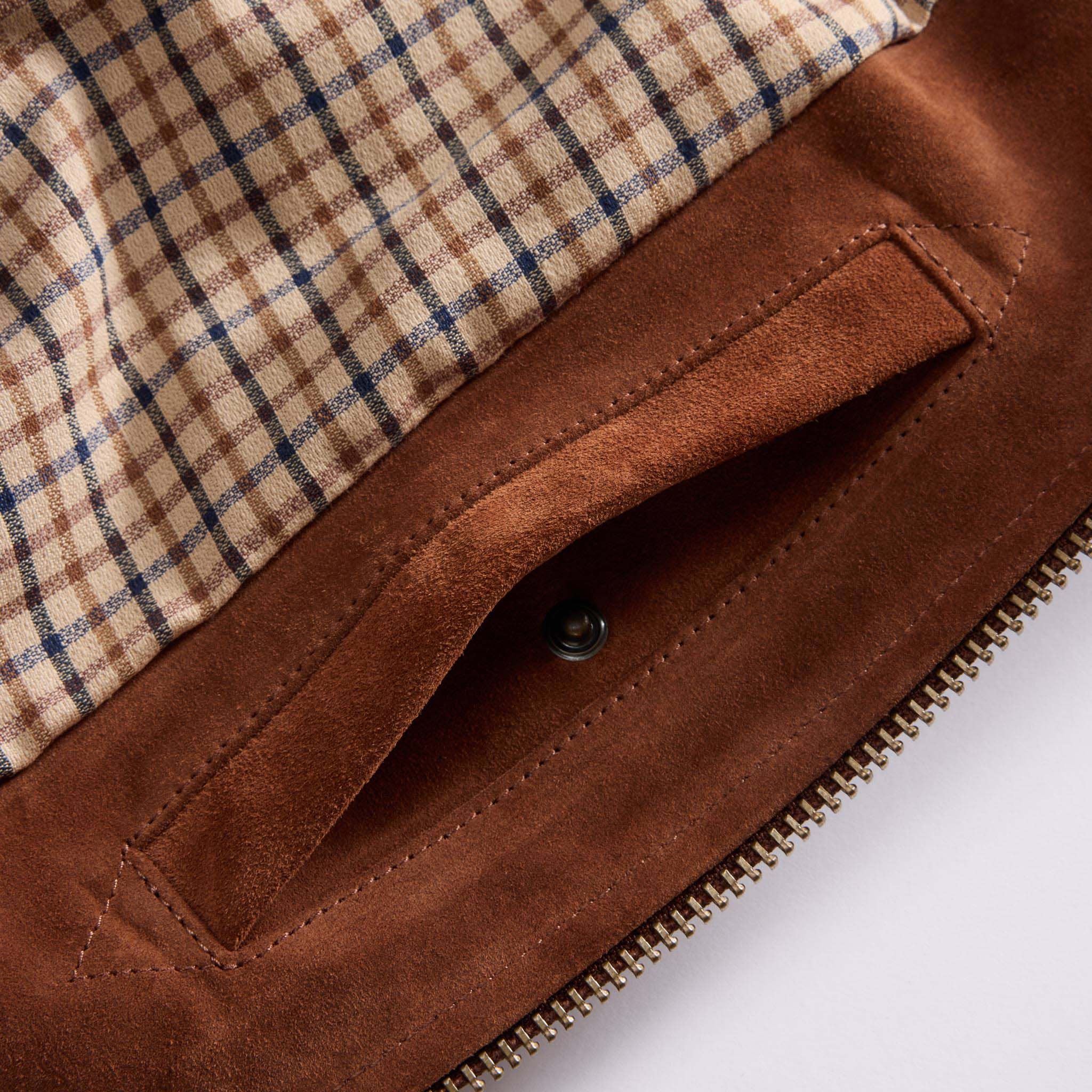 material shot of the inside pocket on The Wyatt Jacket in Chocolate Suede, Outerwear by Taylor Stitch