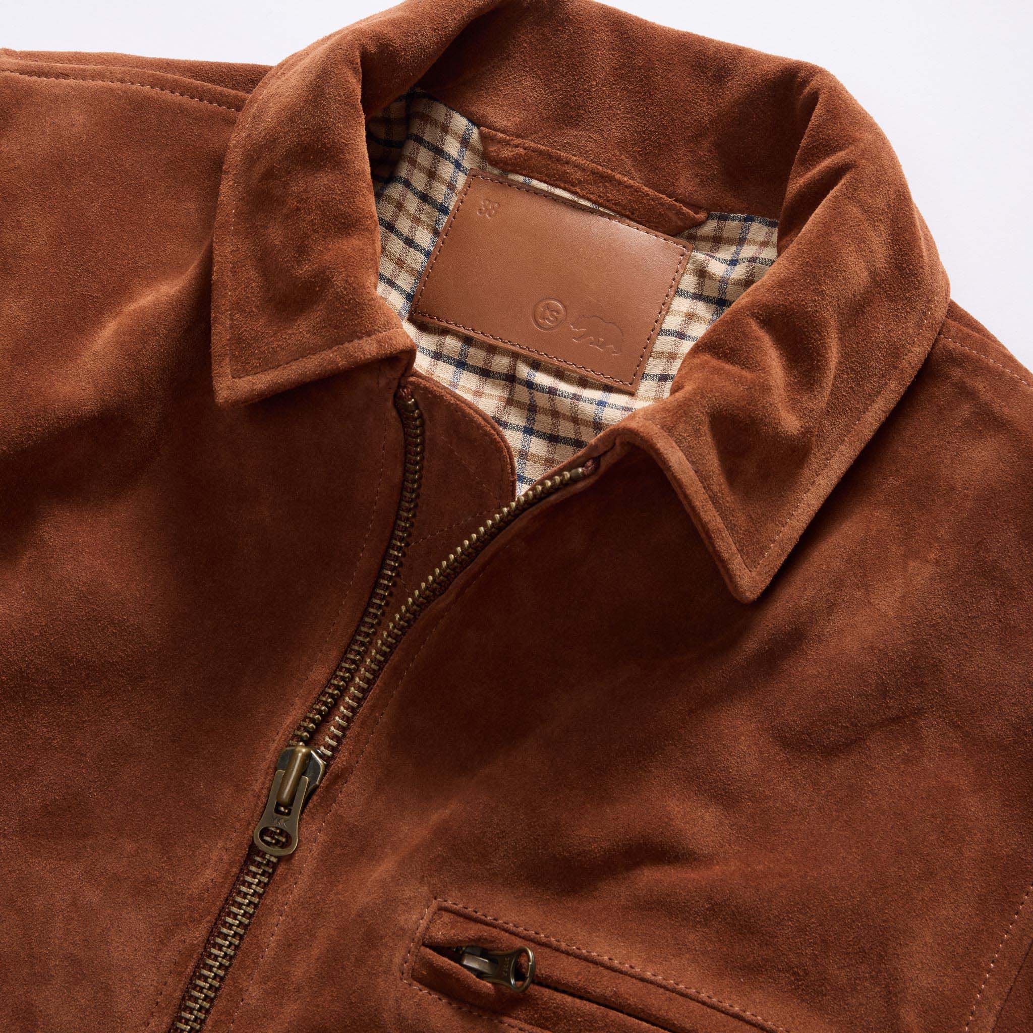material shot of the collar on The Wyatt Jacket in Chocolate Suede, Outerwear by Taylor Stitch