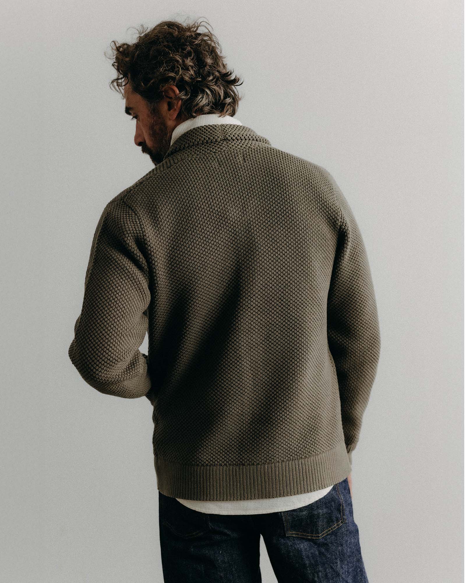 material shot of the collar on The Crawford Sweater in Fatigue Olive, Knits by Taylor Stitch