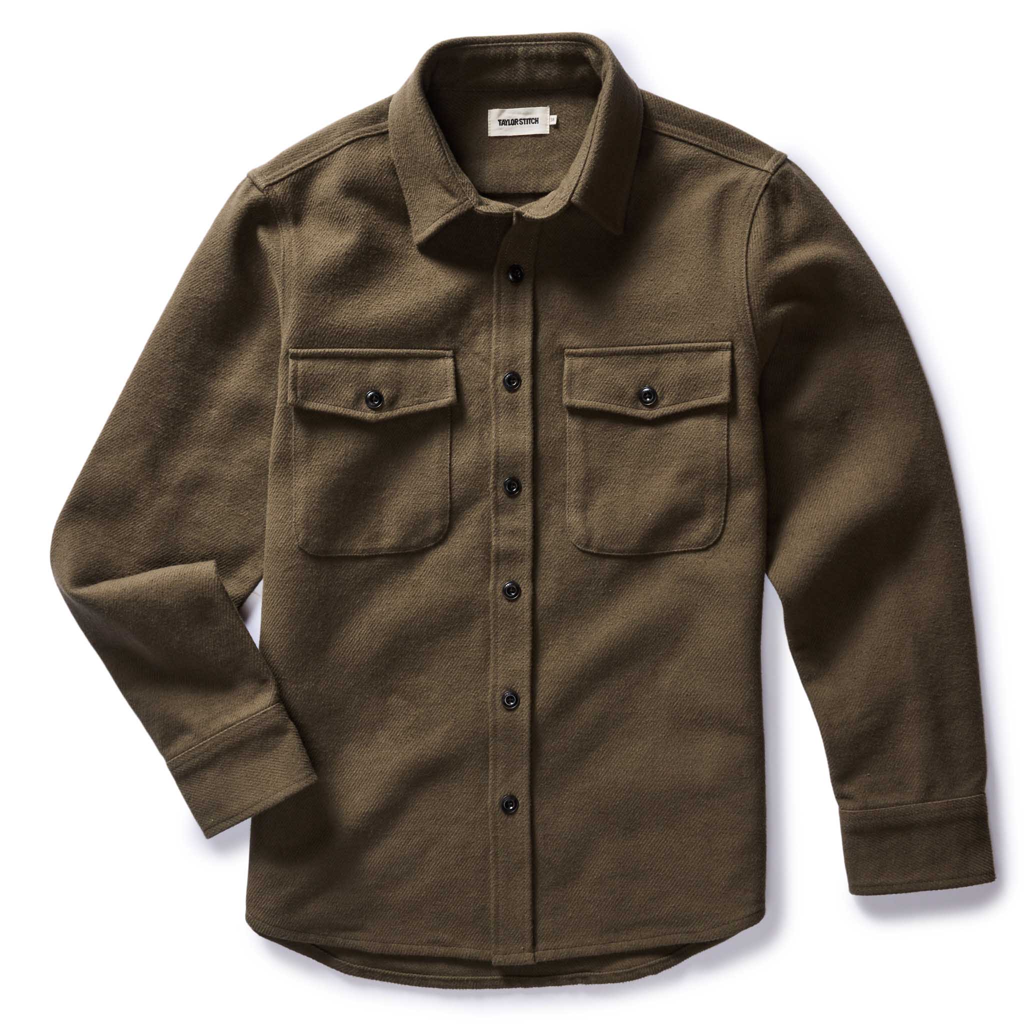 flatlay of The Maritime Shirt Jacket in Fatigue Olive Moleskin Twill, Outerwear by Taylor Stitch