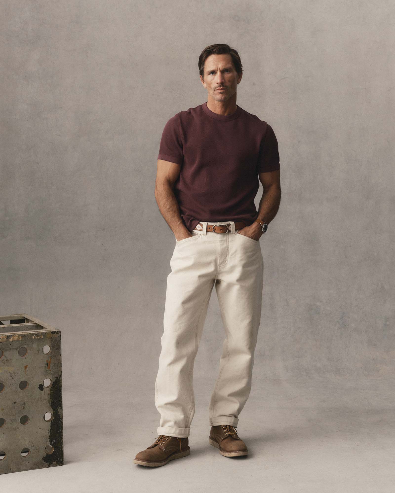 fit model showing off waffle detail on The Organic Cotton Short Sleeve Crew in Burgundy Waffle, Knits by Taylor Stitch
