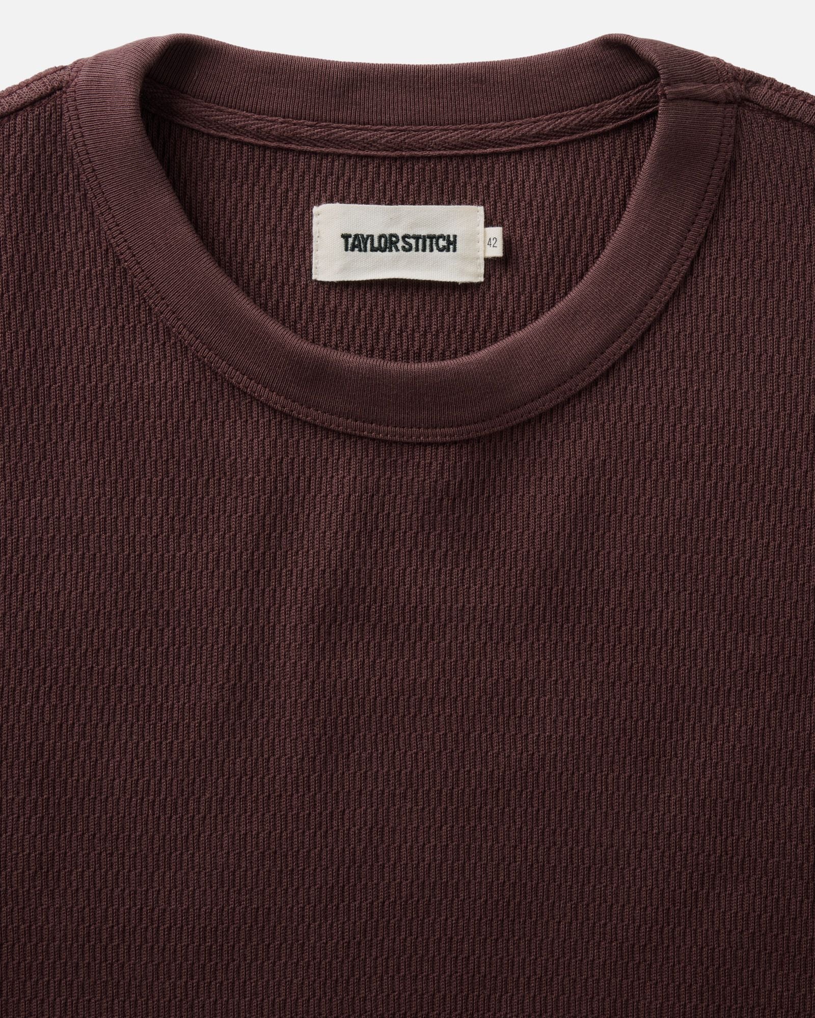 material shot of the neck opening on The Organic Cotton Short Sleeve Crew in Burgundy Waffle, Knits by Taylor Stitch