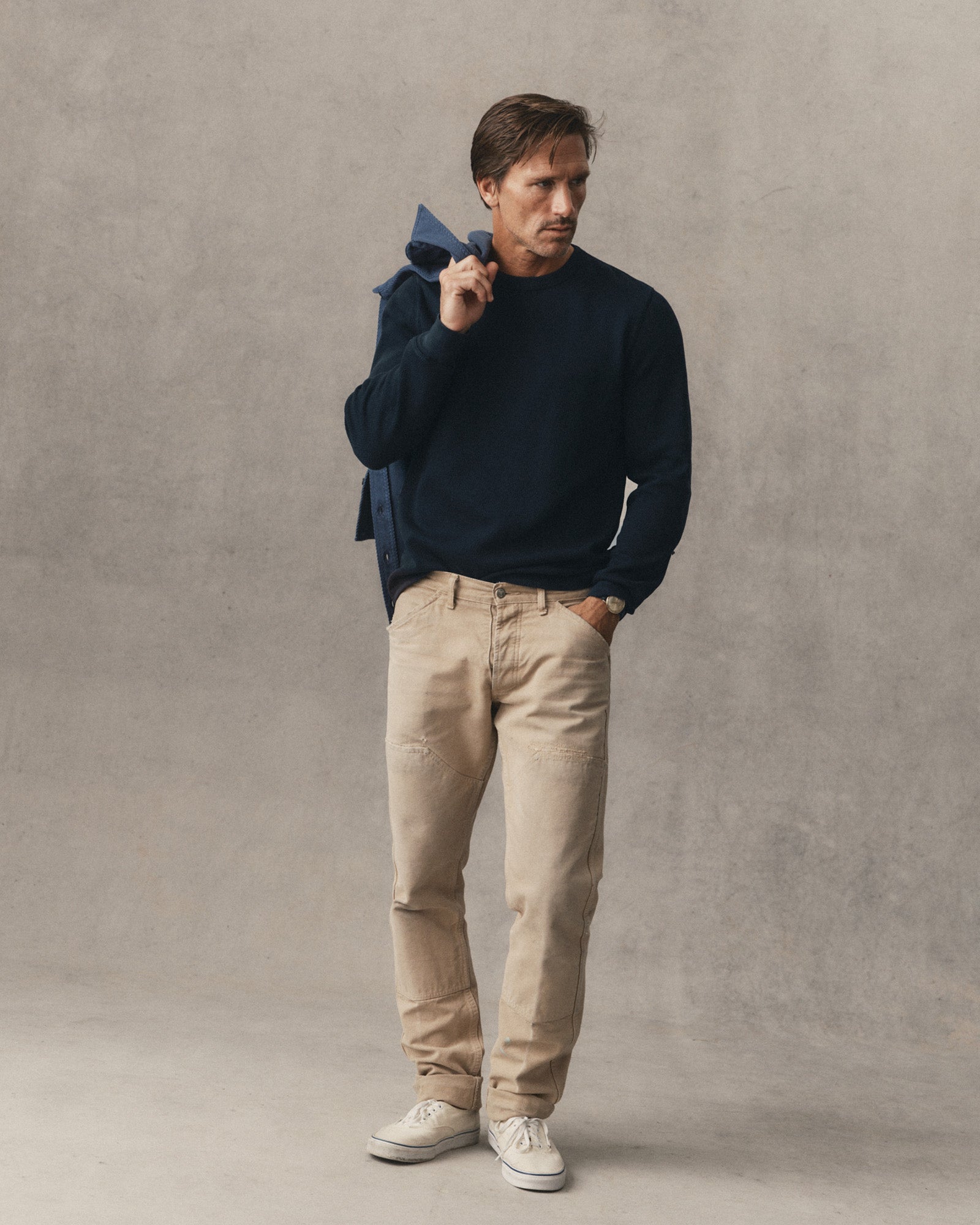 fit model in The Organic Cotton Waffle Crew Dark Navy, Knits by Taylor Stitch